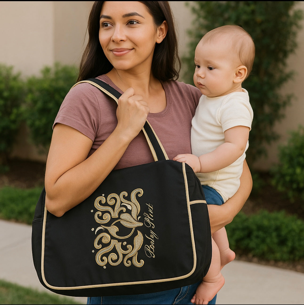 Gently used Baby Phat diaper bag, black and gold