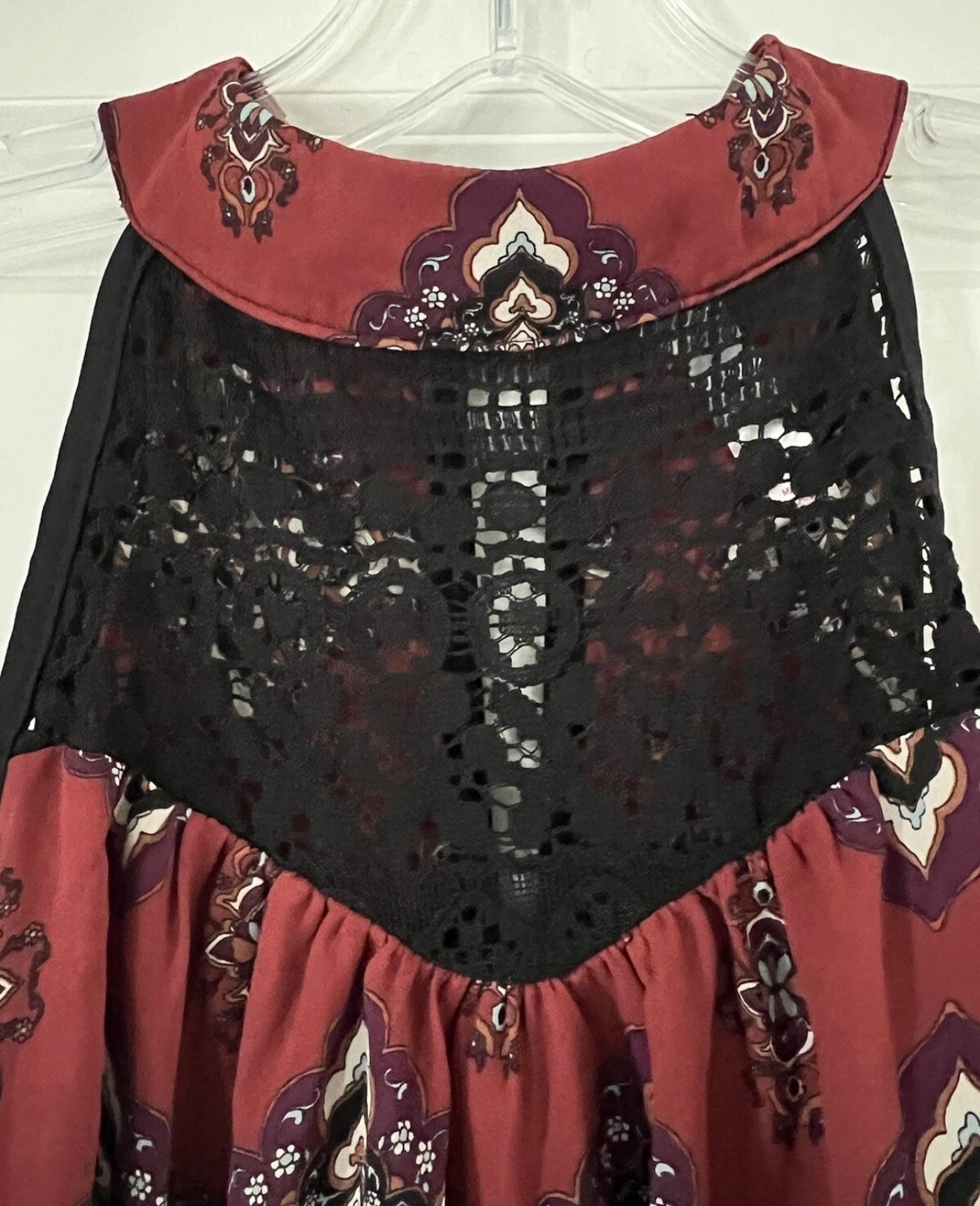 Exhilaration Boho Midi Dress – Burgundy  Print with Crochet Detail