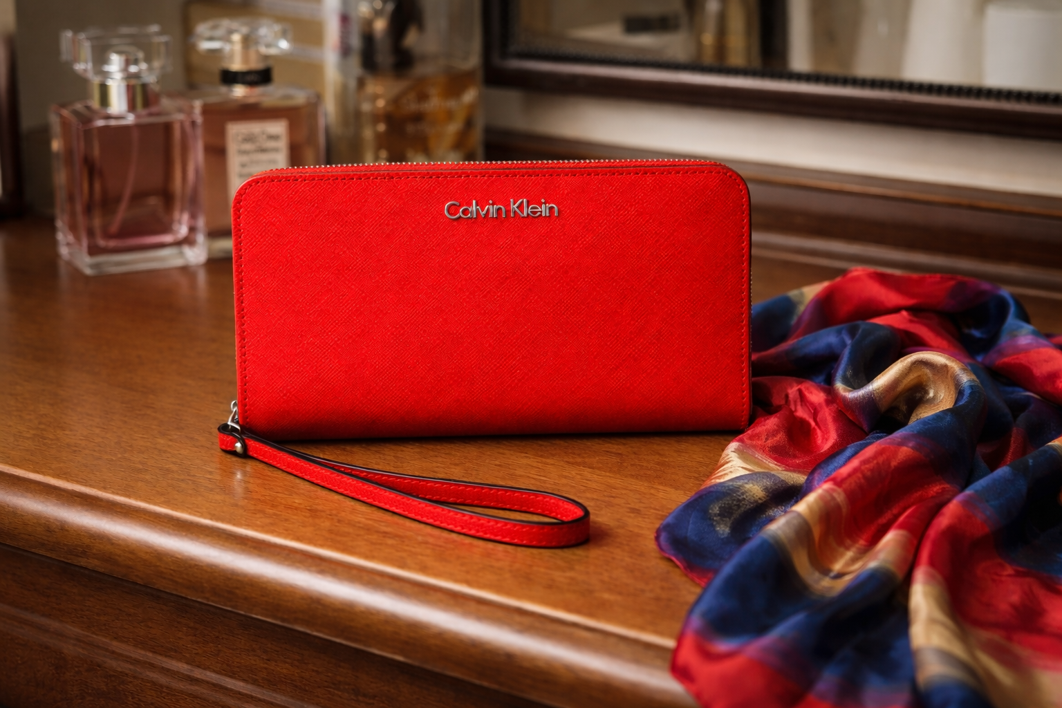 Calvin Klein Red Saffiano Leather Zip-Around Wristlet Wallet | New Without Tags