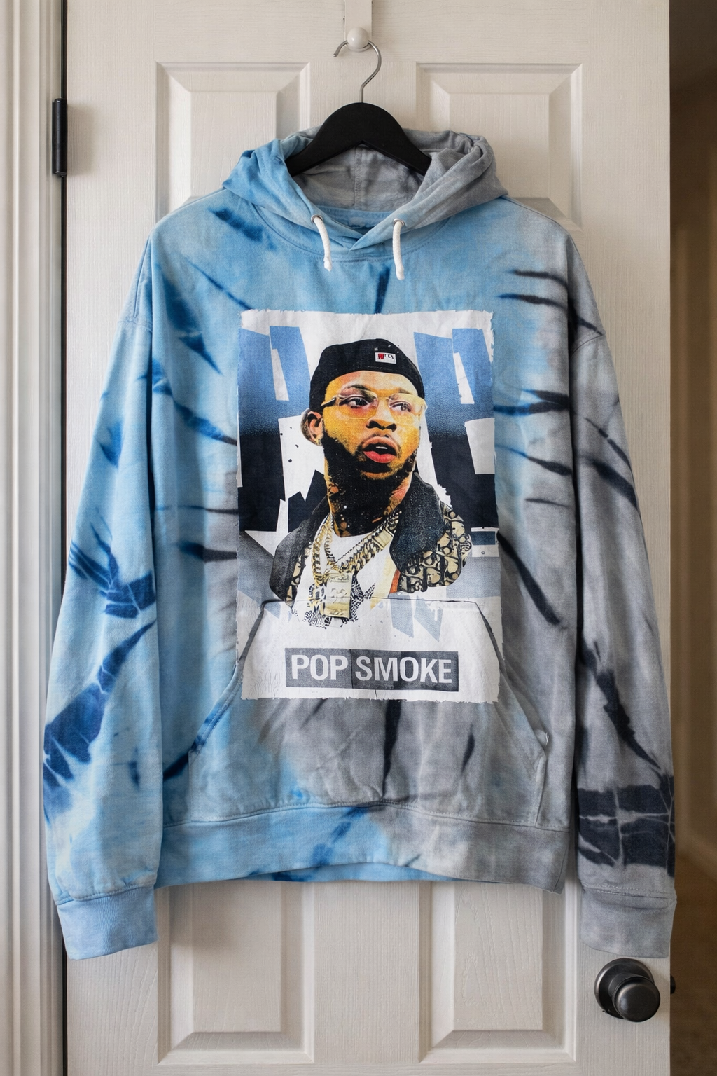 Blue Gray Tie Dye Graphic Hoodie Streetwear Pullover Size Small