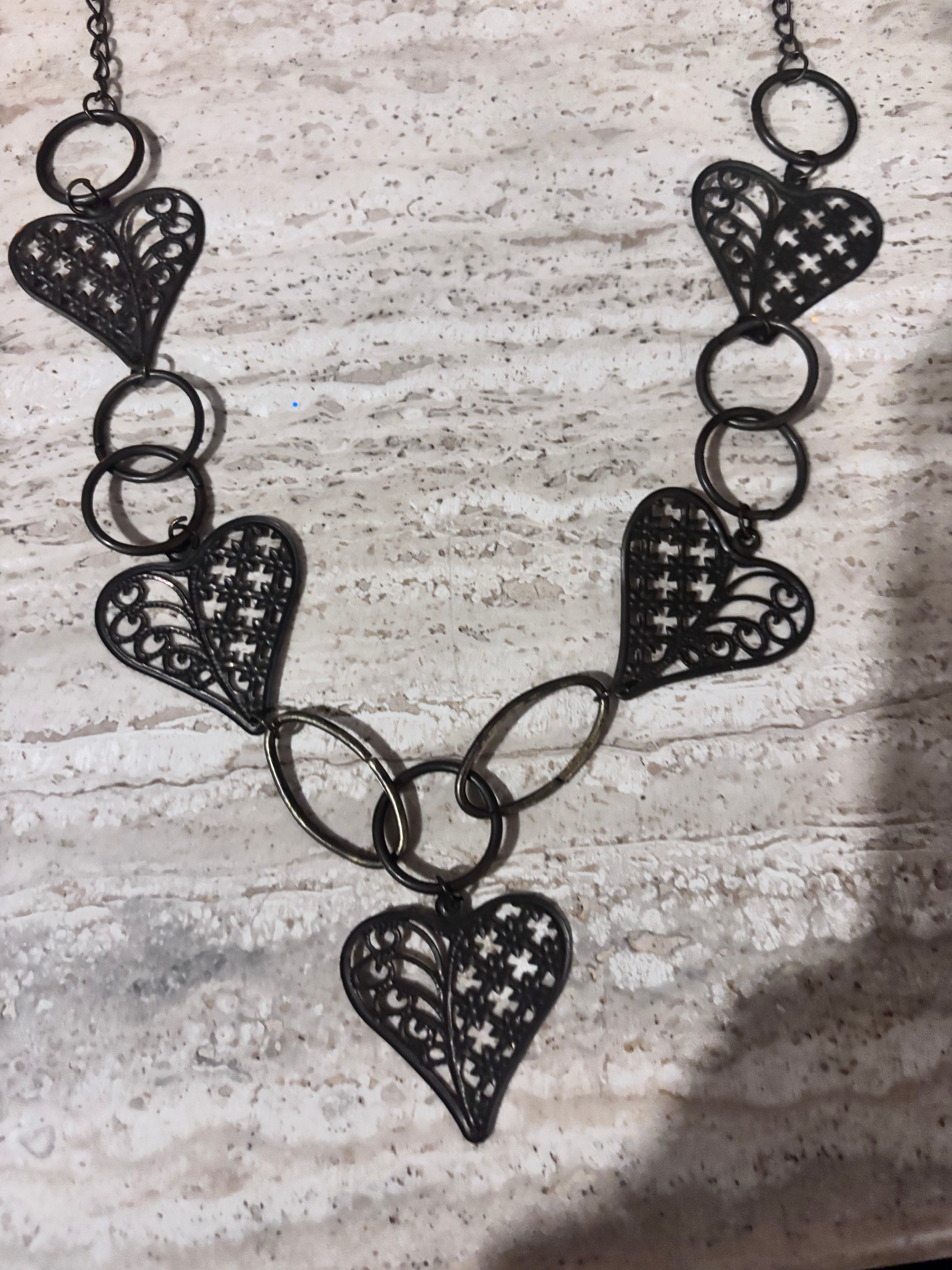 Boho Statement Necklace & Earrings Set – Artisan Style Hearts & Hammered Metal