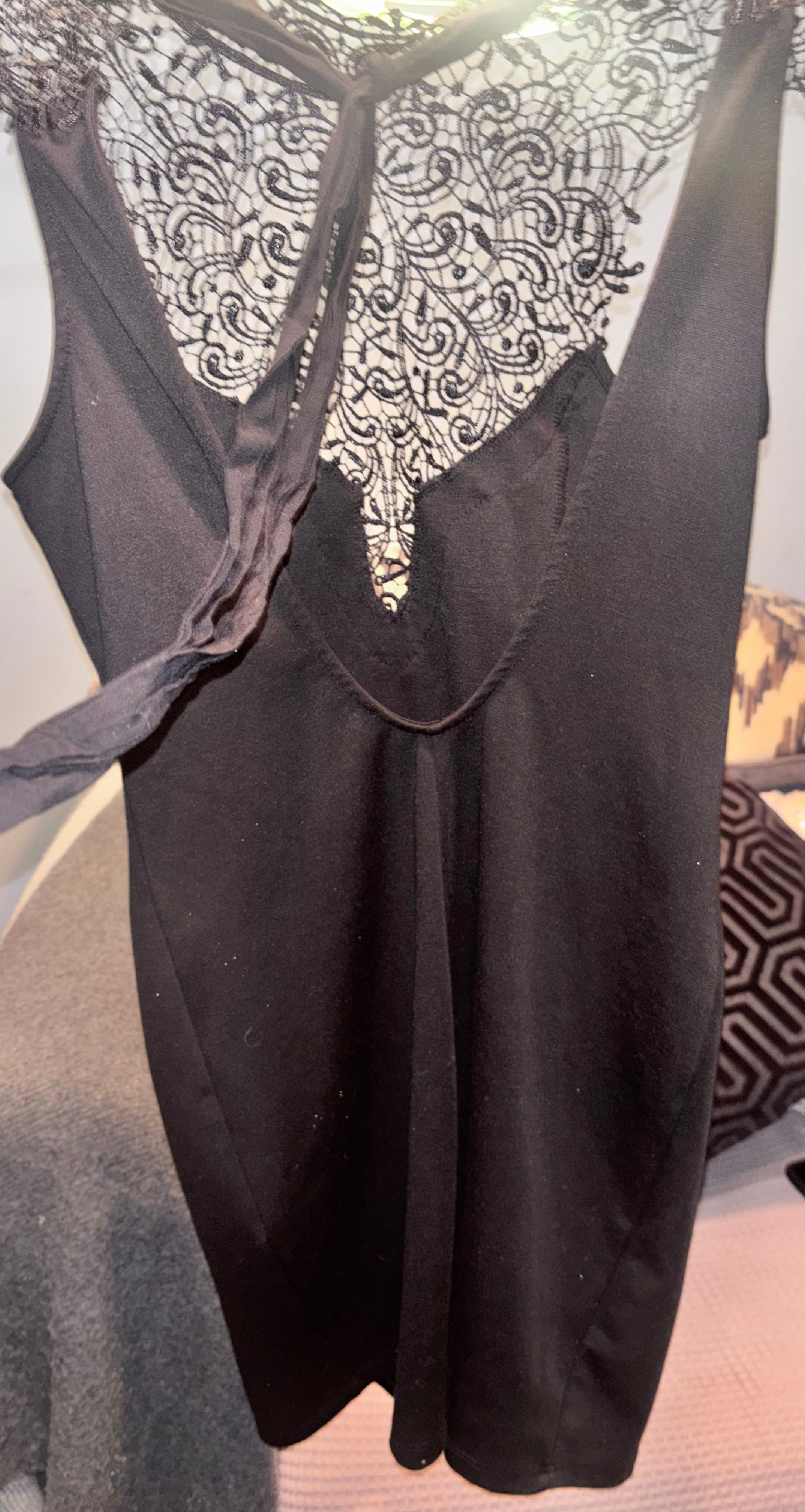 Lulu’s Black Lace Bodycon Dress Open Back Tie Made in US