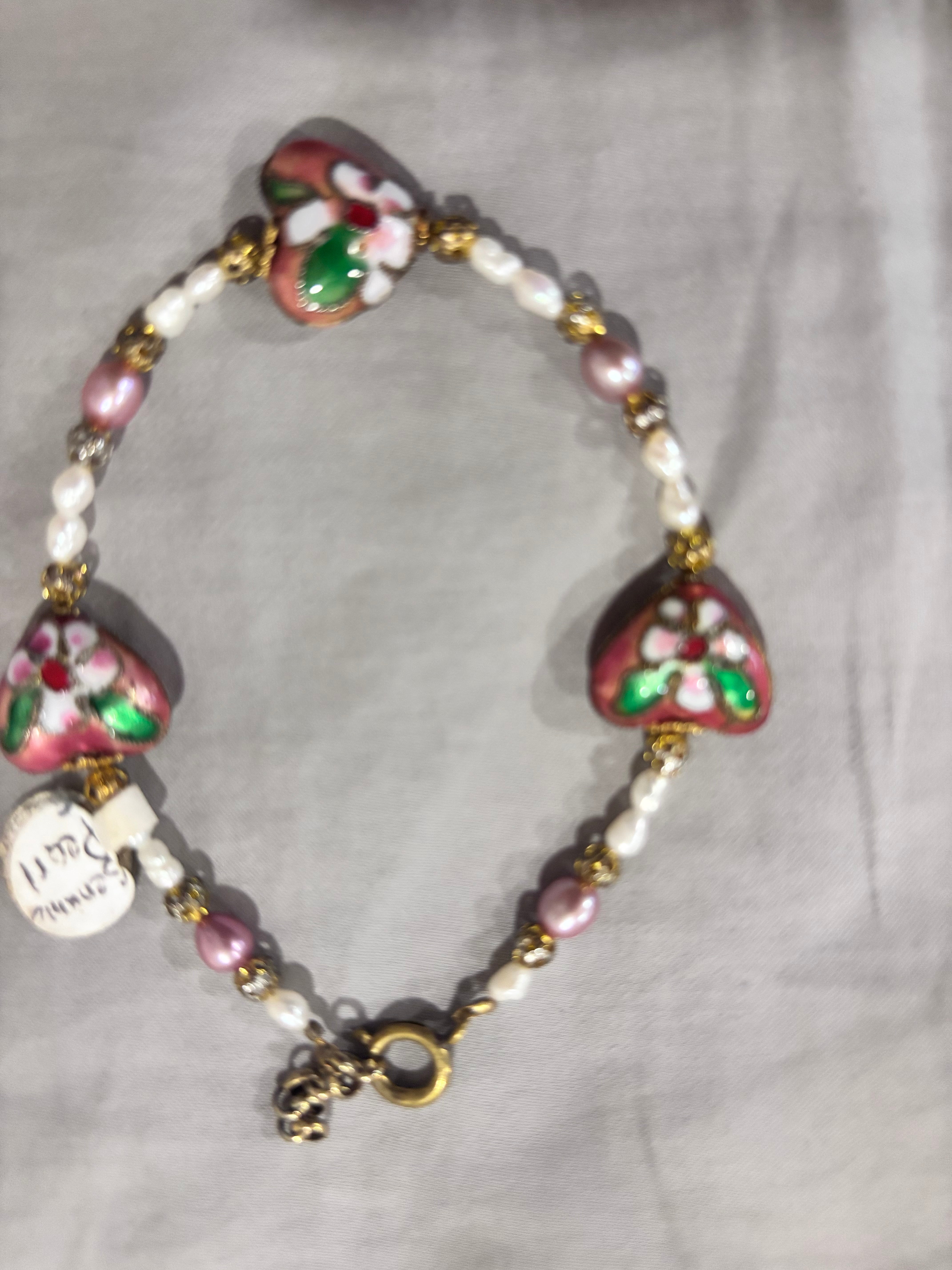 Romantic Pink Pearl Heart Bracelet - Handmade & Genuine Pearls