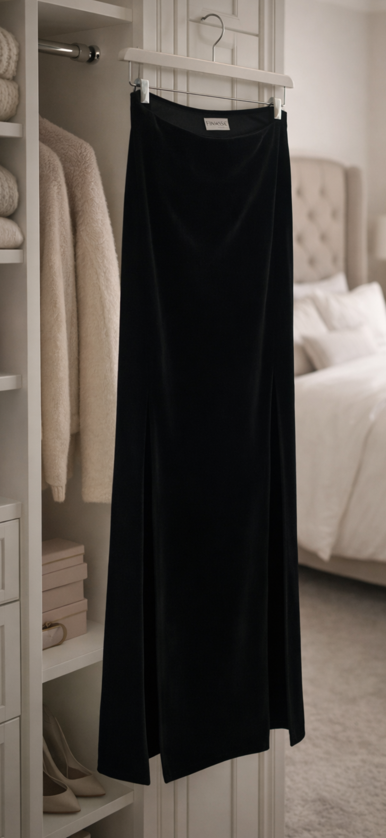Sultry Black Stretch Velvet Maxi skirt – Finesse USA Made in USA Size Small
