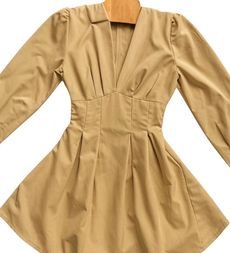 Beige Corset Waist Pleated Mini Dress – Long Sleeve, Structured Fit, Modern A-Line