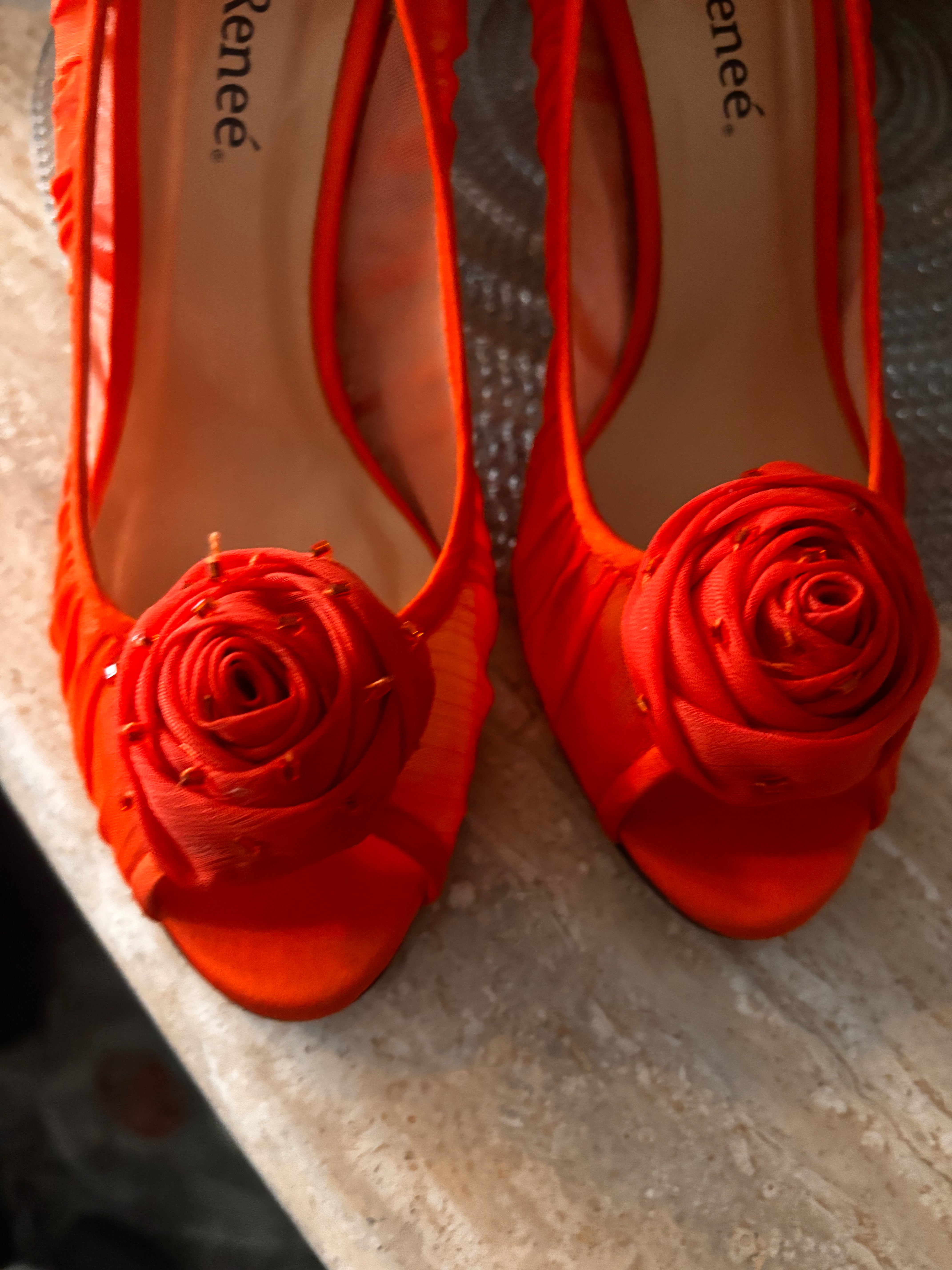 Renée Orange Peep-Toe Heels with Rosette Bow – Size 7.5 Wide