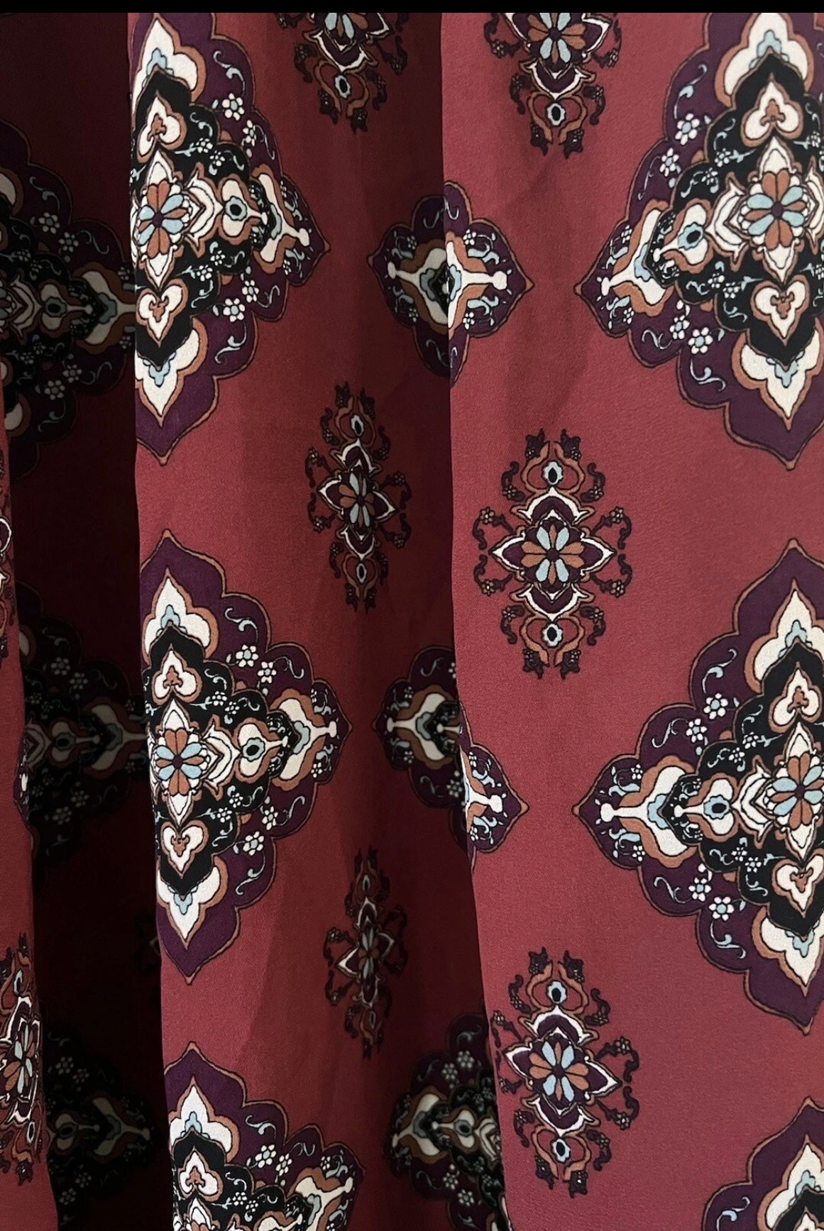 Exhilaration Boho Midi Dress – Burgundy  Print with Crochet Detail