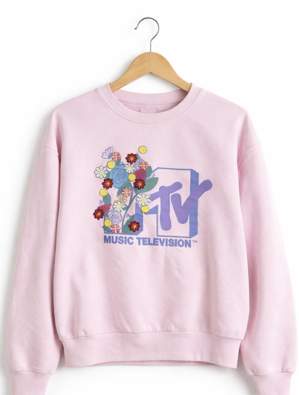 MTV Music Television Pink Embroidered Floral Sweatshirt | Women’s Size M