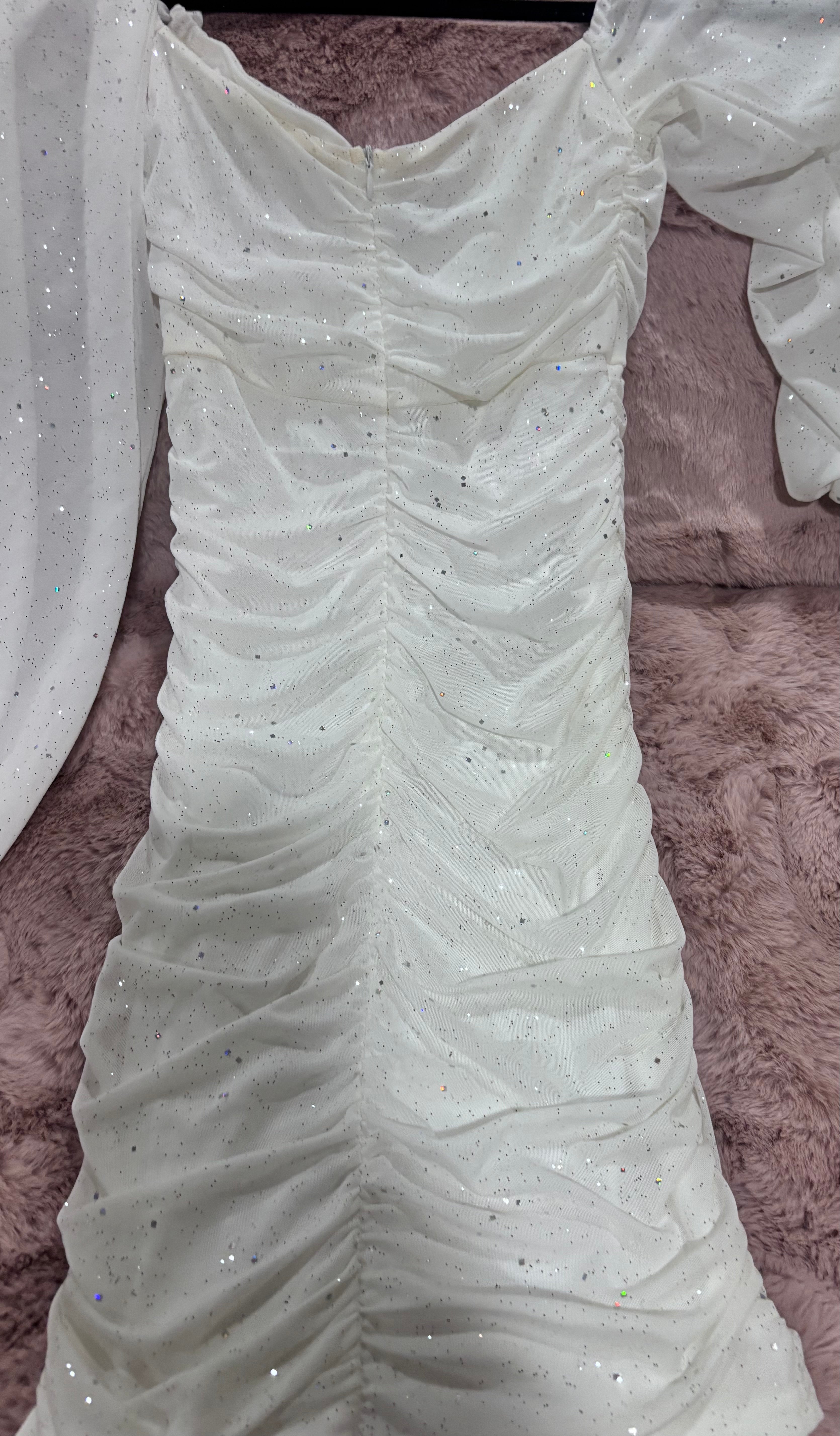 Sparkly White Ruched Bodycon Dress – XS