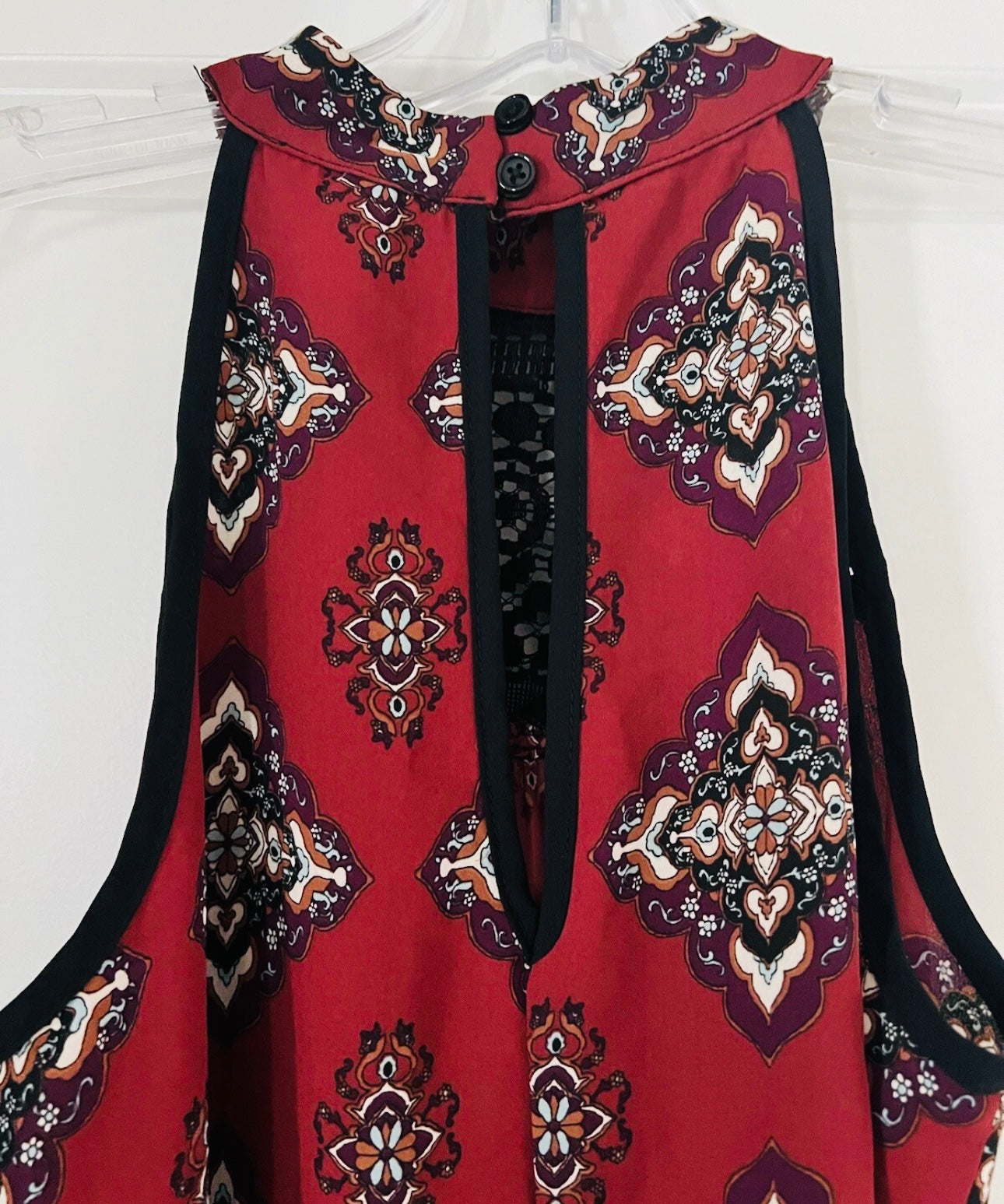 Exhilaration Boho Midi Dress – Burgundy  Print with Crochet Detail