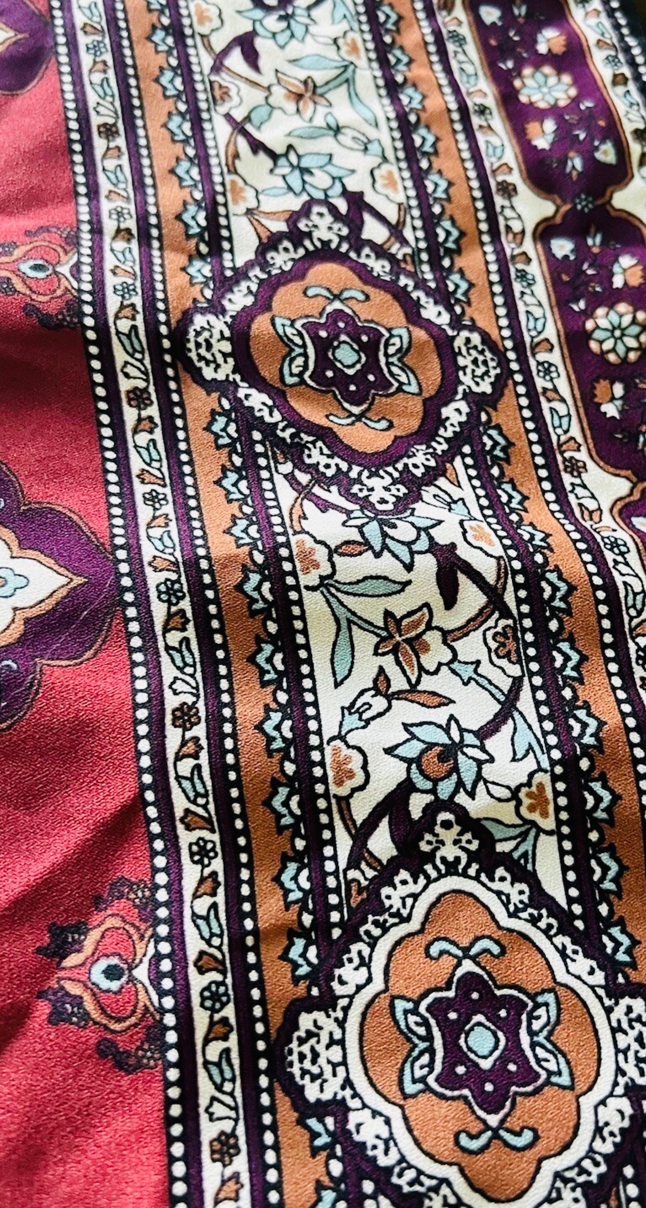 Exhilaration Boho Midi Dress – Burgundy  Print with Crochet Detail
