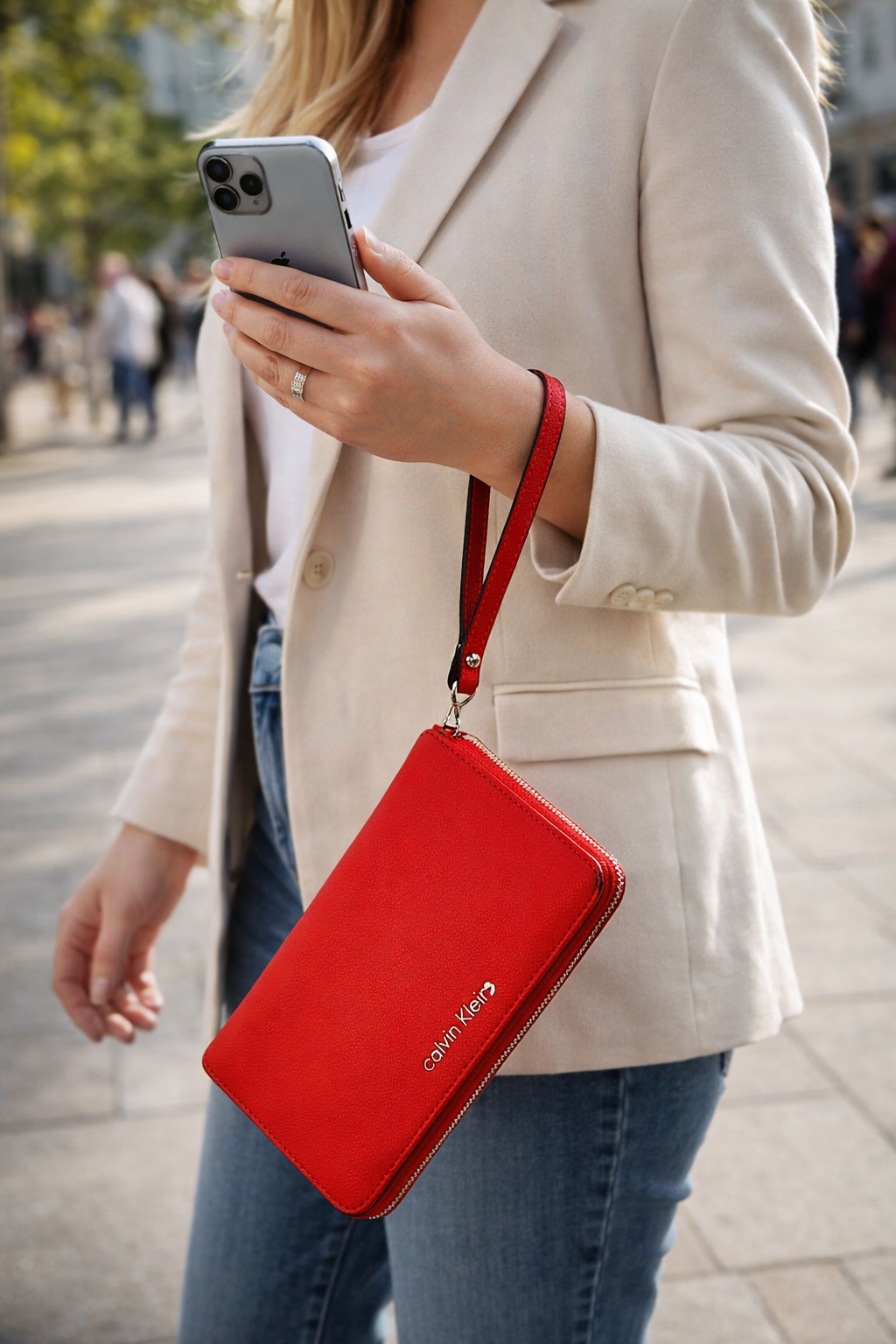 Calvin Klein Red Saffiano Leather Zip-Around Wristlet Wallet | New Without Tags