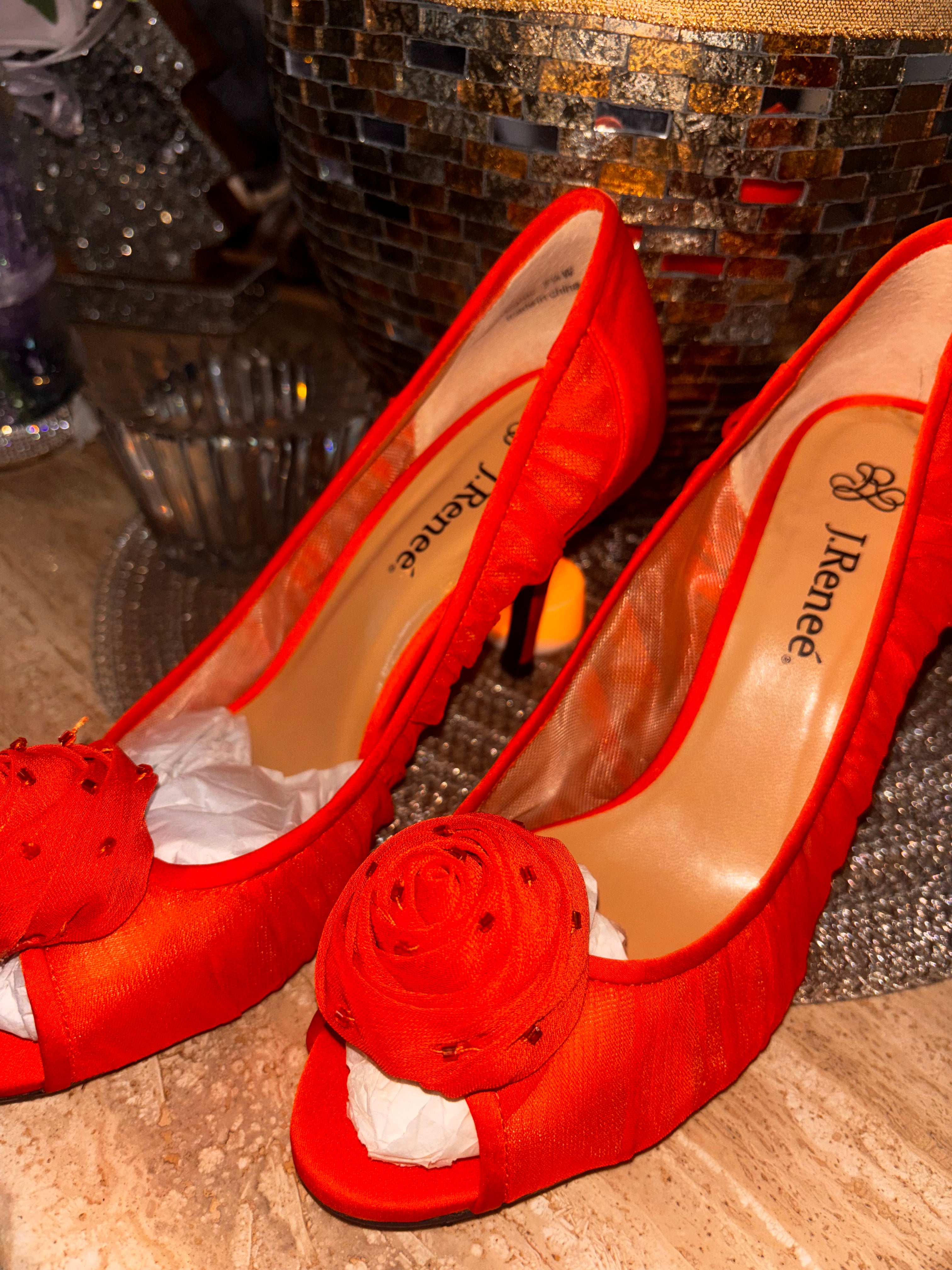 Renée Orange Peep-Toe Heels with Rosette Bow – Size 7.5 Wide