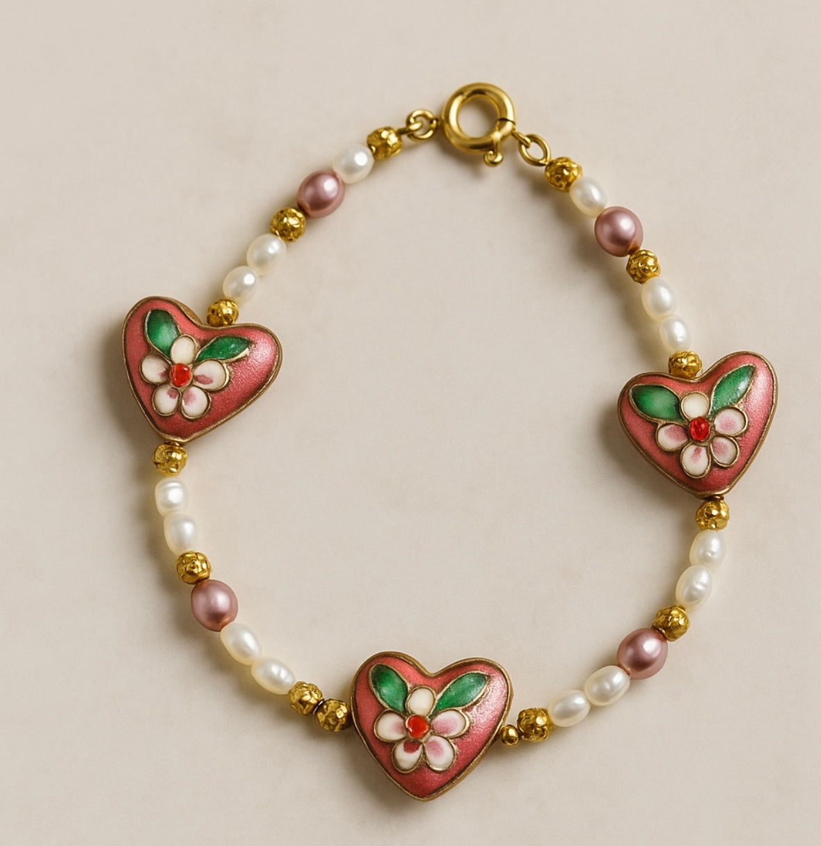 Romantic Pink Pearl Heart Bracelet - Handmade & Genuine Pearls