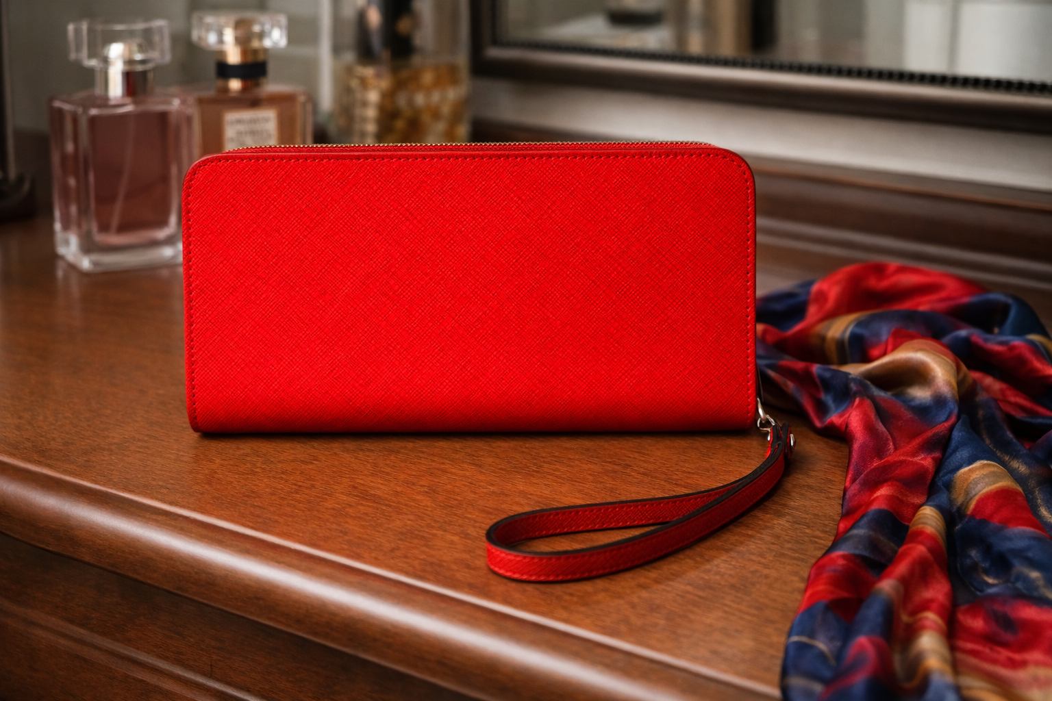 Calvin Klein Red Saffiano Leather Zip-Around Wristlet Wallet | New Without Tags