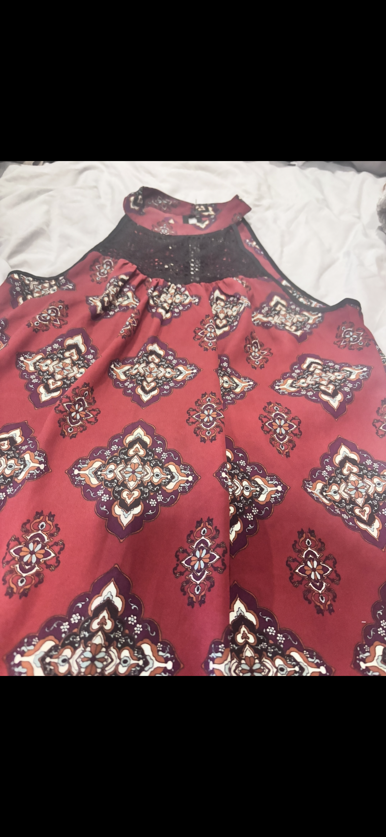 Exhilaration Boho Midi Dress – Burgundy  Print with Crochet Detail
