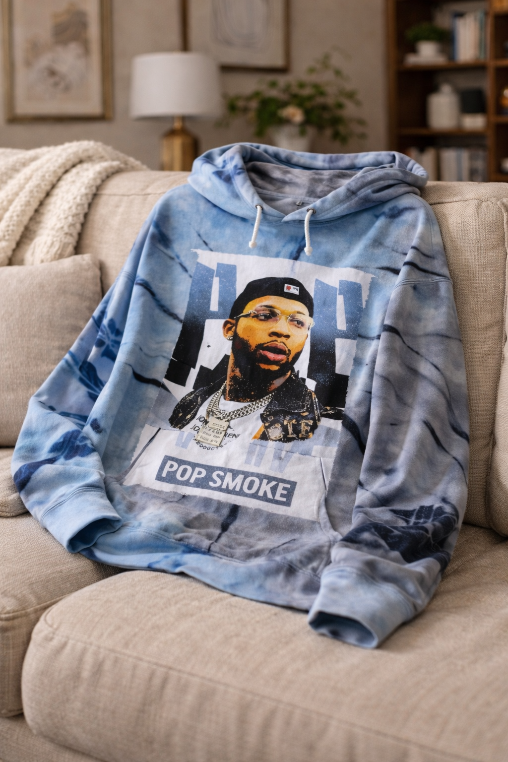 Blue Gray Tie Dye Graphic Hoodie Streetwear Pullover Size Small