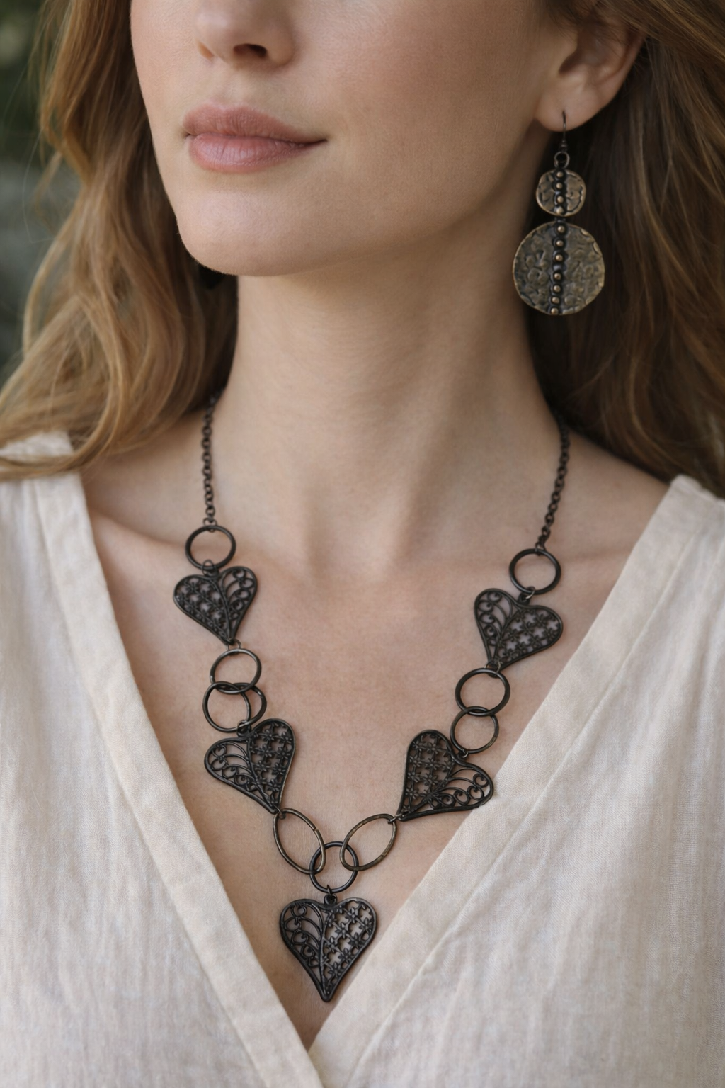 Boho Statement Necklace & Earrings Set – Artisan Style Hearts & Hammered Metal