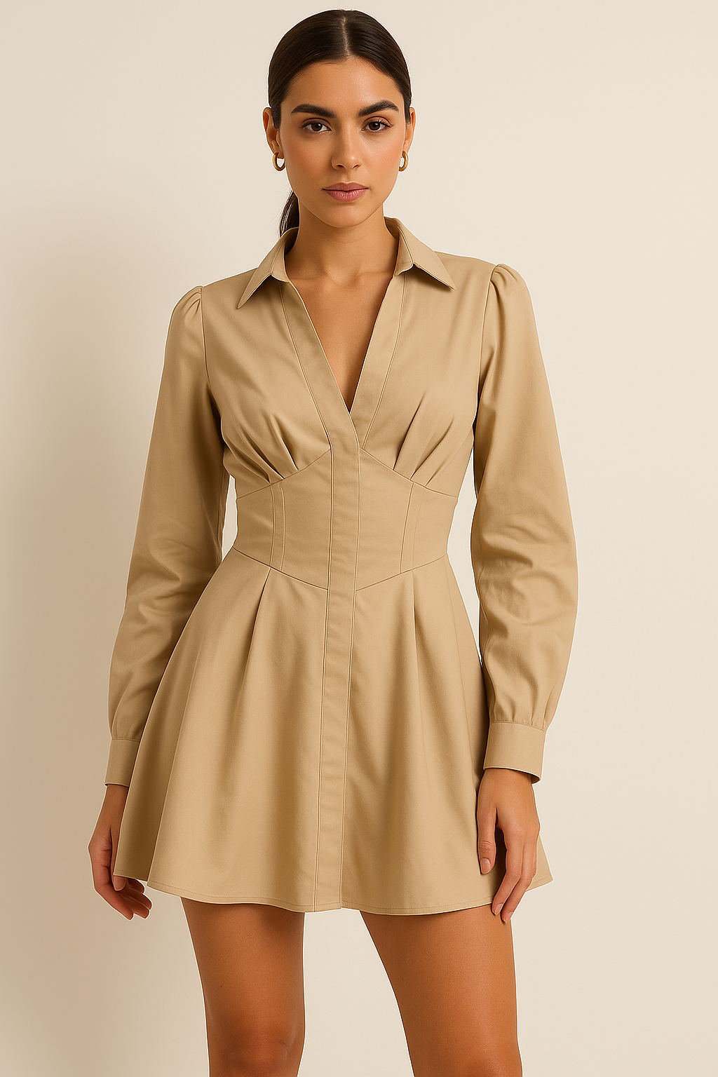 Beige Corset Waist Pleated Mini Dress – Long Sleeve, Structured Fit, Modern A-Line