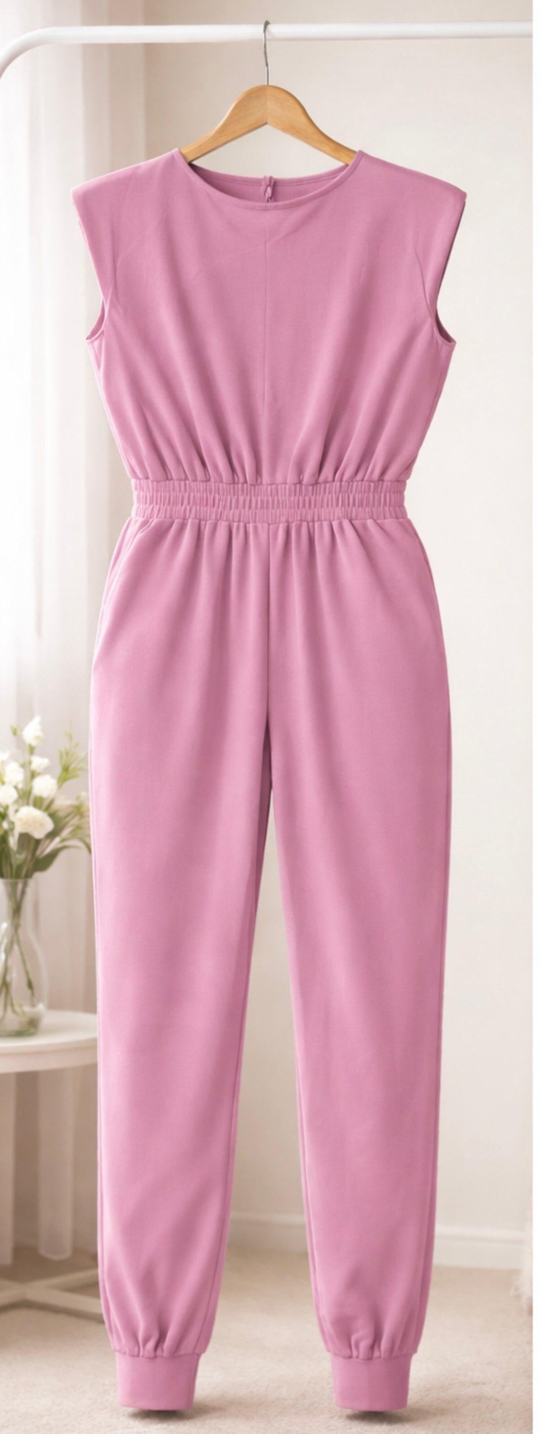SHEIN Curve Lavender Pink Stretch Jumpsuit 1XL Shoulder Pads Elastic Waist Soft