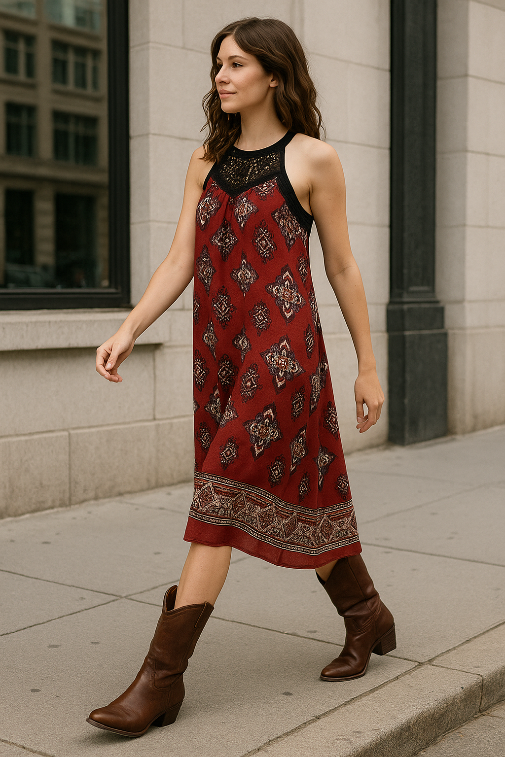 Exhilaration Boho Midi Dress – Burgundy  Print with Crochet Detail