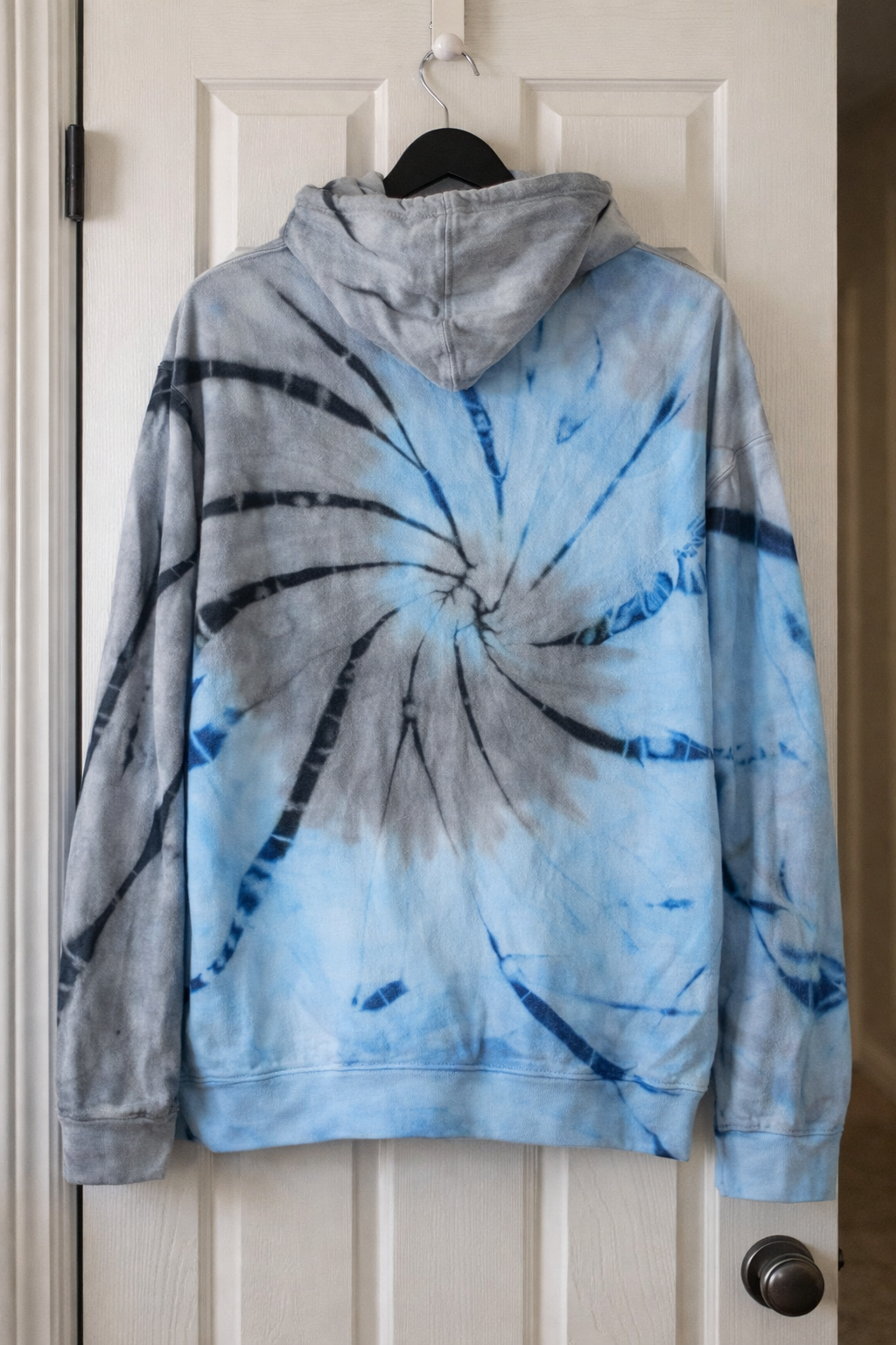 Blue Gray Tie Dye Graphic Hoodie Streetwear Pullover Size Small