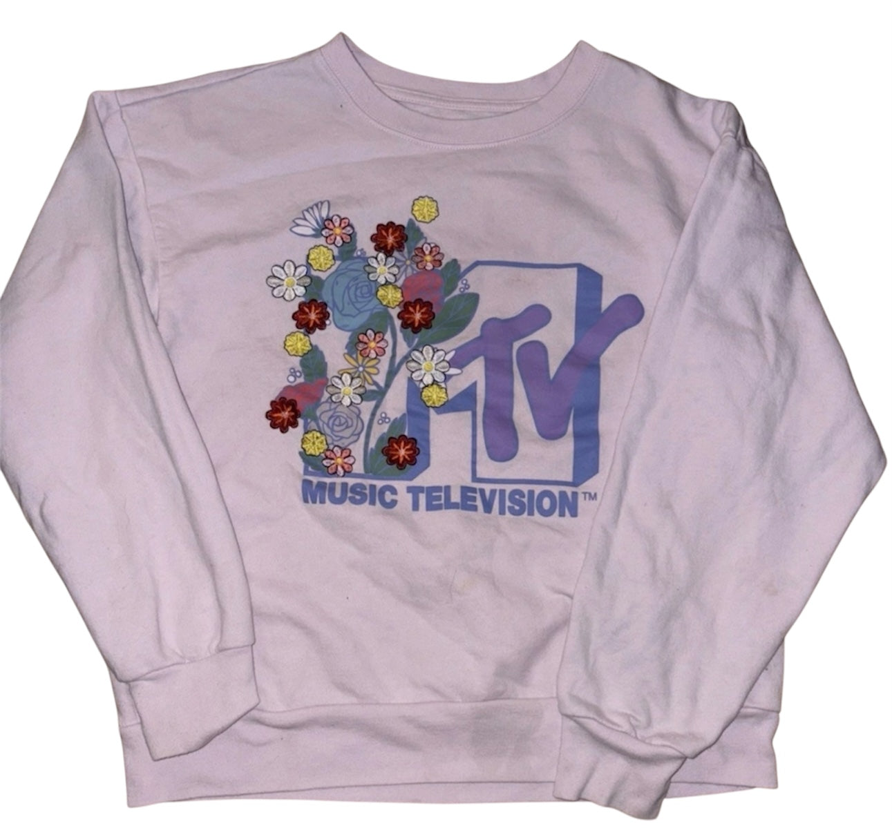 MTV Music Television Pink Embroidered Floral Sweatshirt | Women’s Size M