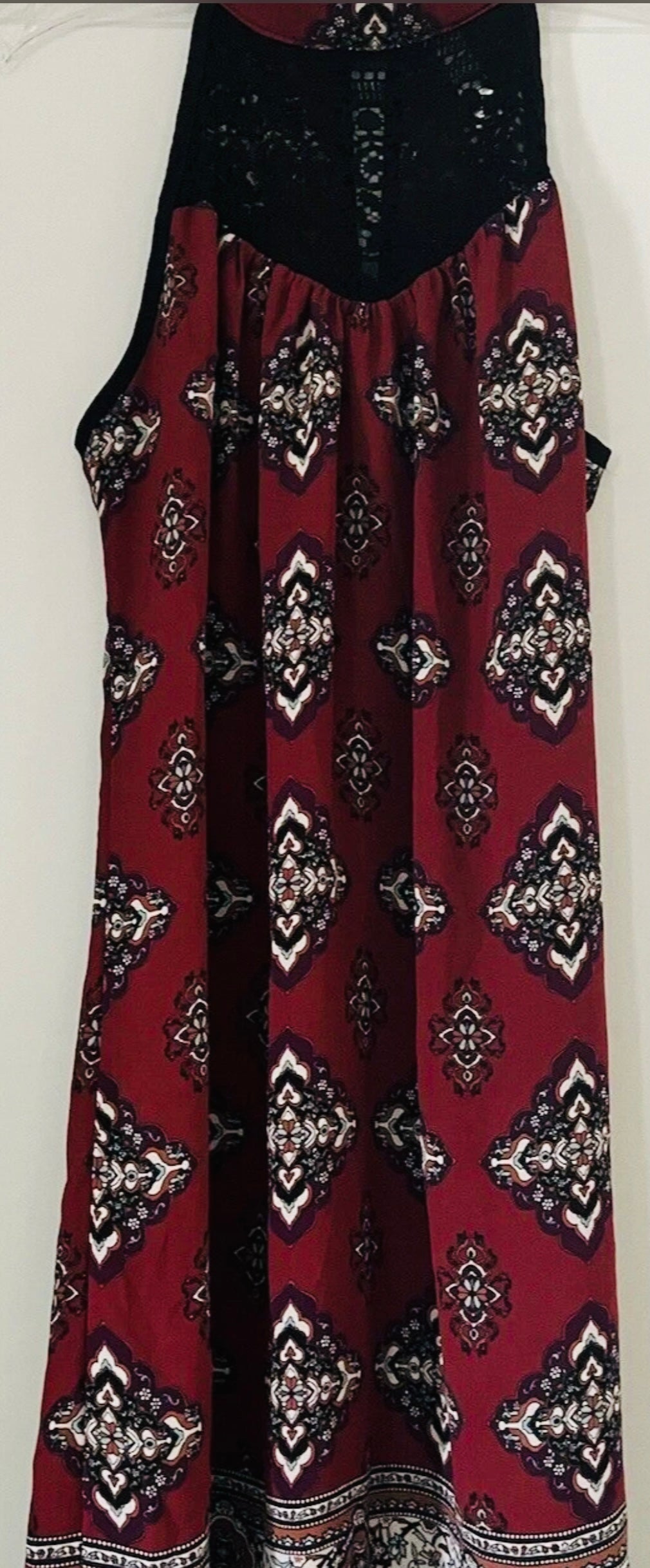 Exhilaration Boho Midi Dress – Burgundy  Print with Crochet Detail