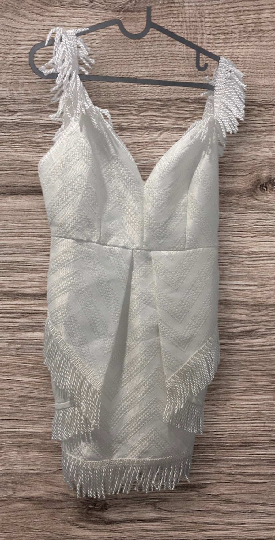 L’ATISTE Chrome White Fringe Mini Dress — Size L | New With Tags