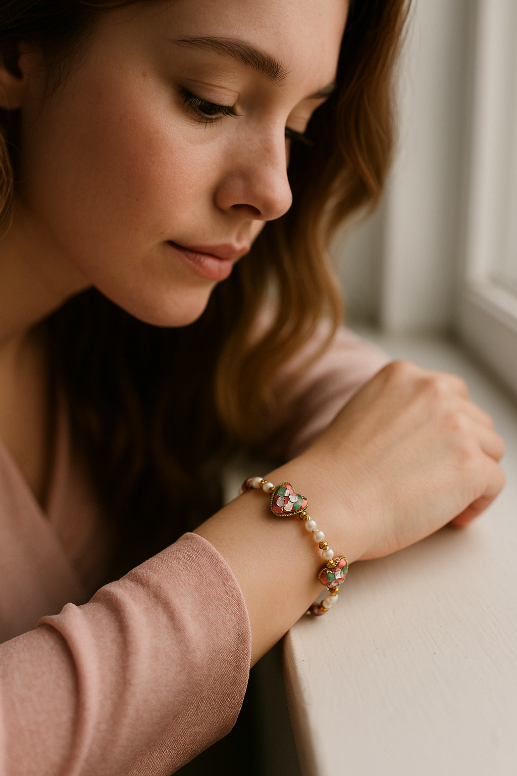 Romantic Pink Pearl Heart Bracelet - Handmade & Genuine Pearls