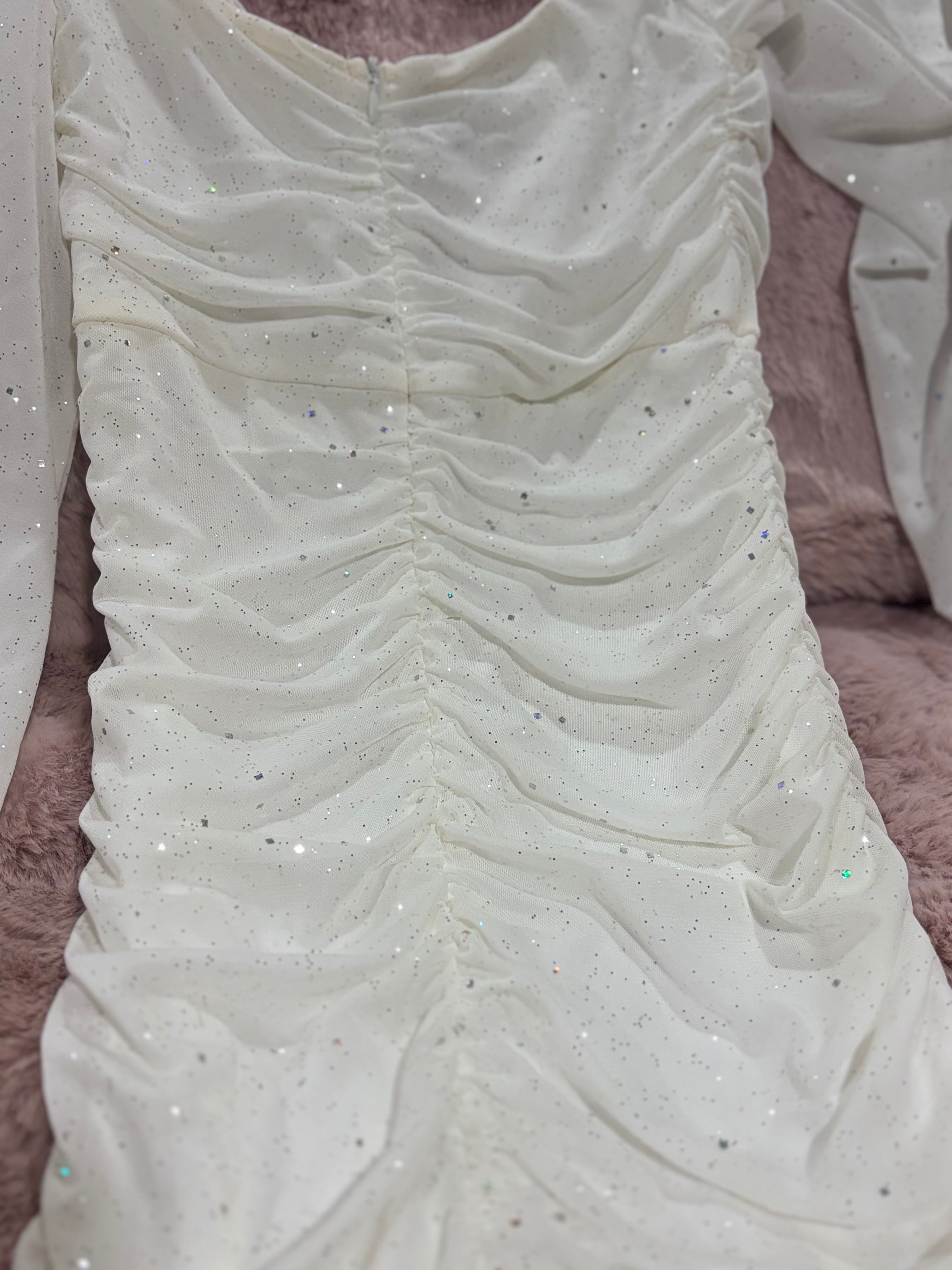 Sparkly White Ruched Bodycon Dress – XS