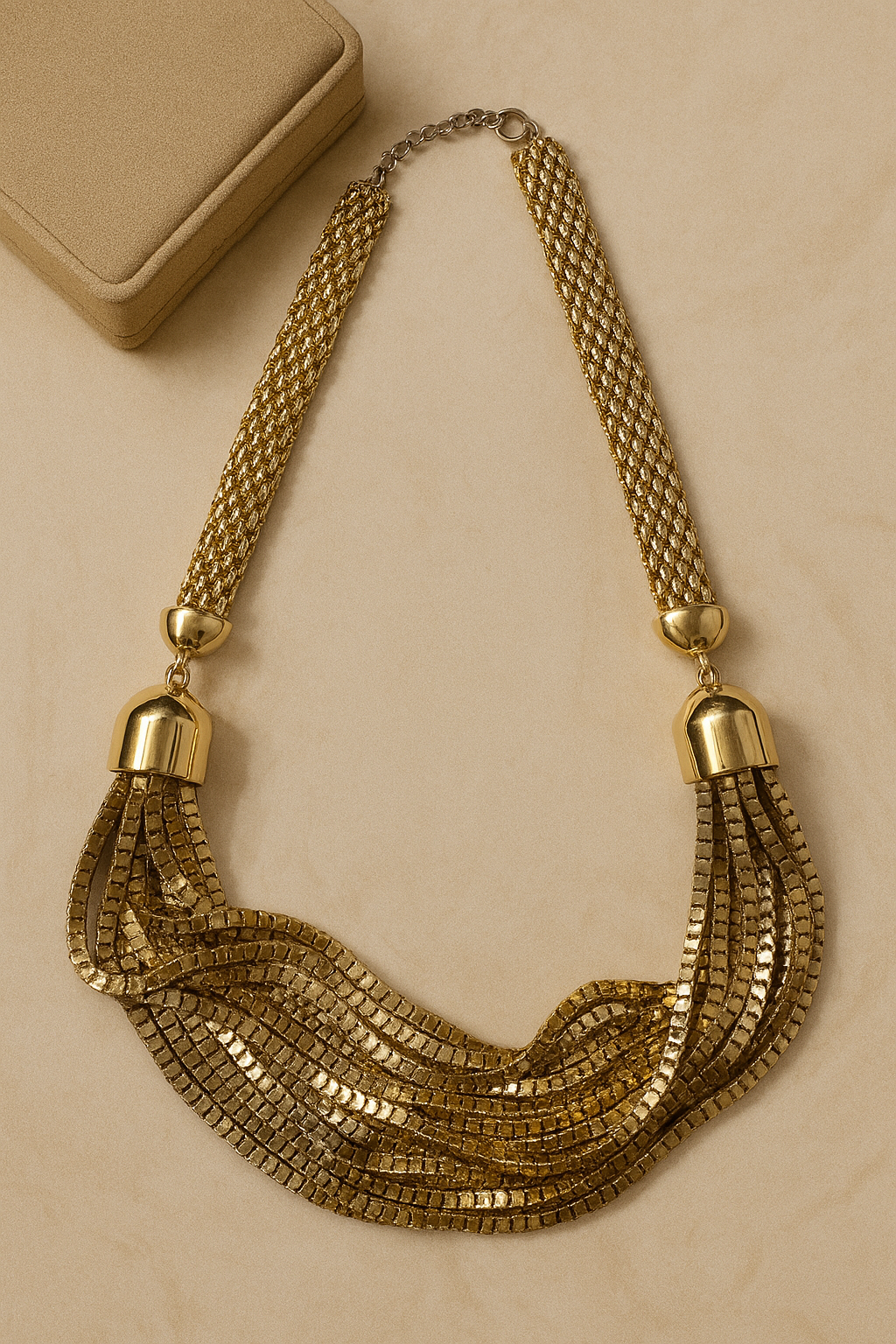 Vintage Gold-Tone Multi-Strand Mesh Statement Necklace – Braided LayeredNecklace