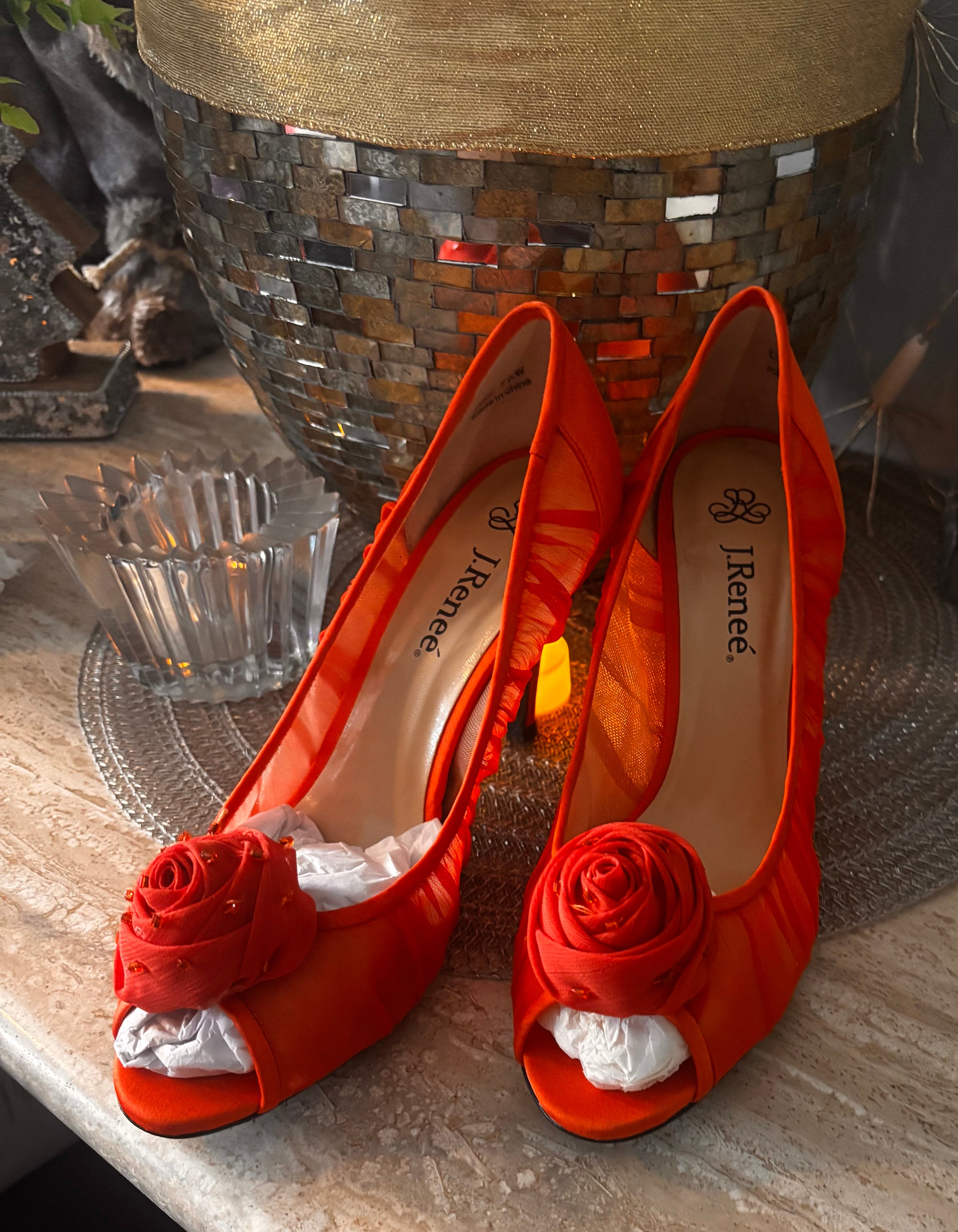 Renée Orange Peep-Toe Heels with Rosette Bow – Size 7.5 Wide