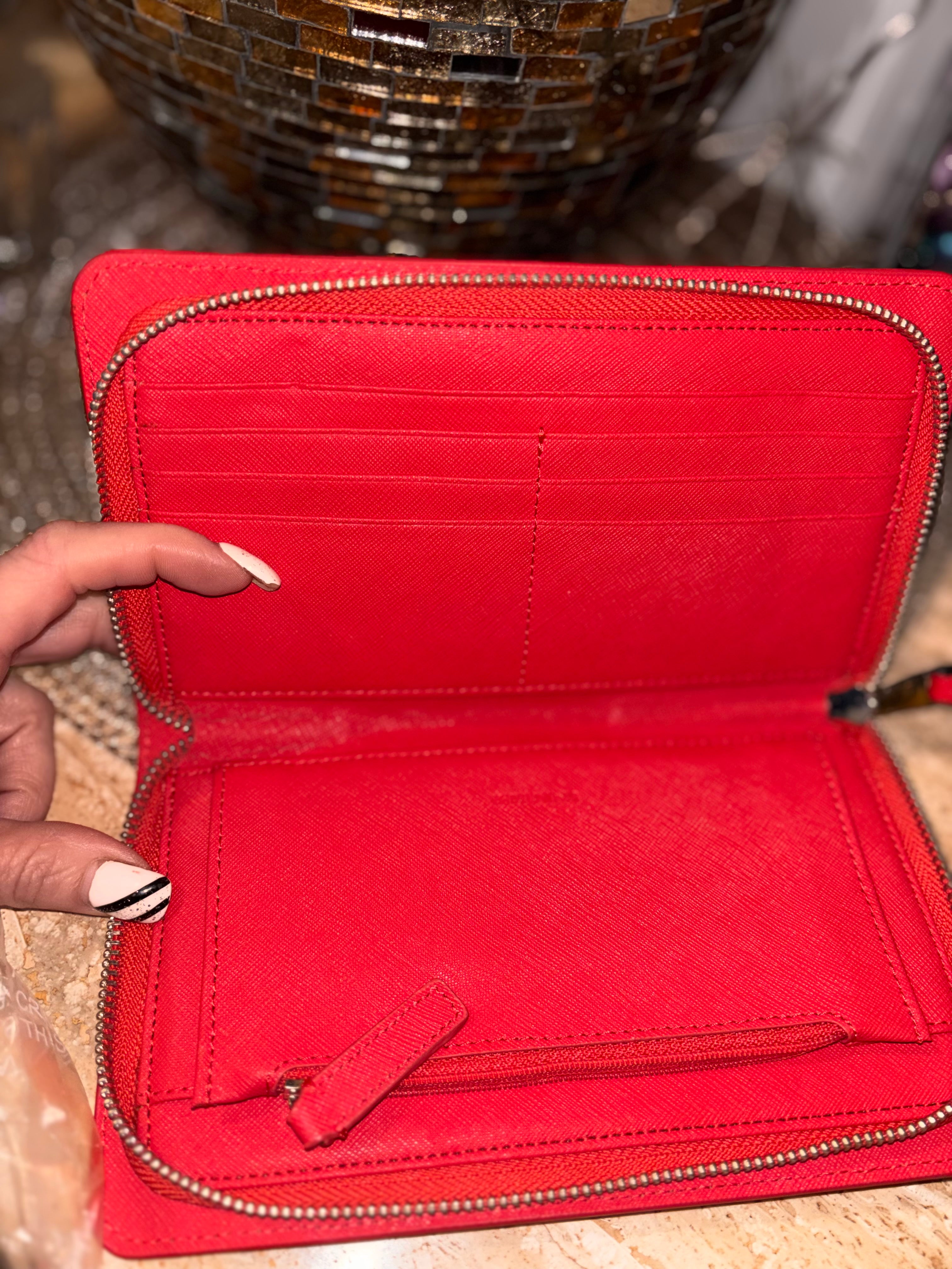 Calvin Klein Red Saffiano Leather Zip-Around Wristlet Wallet | New Without Tags