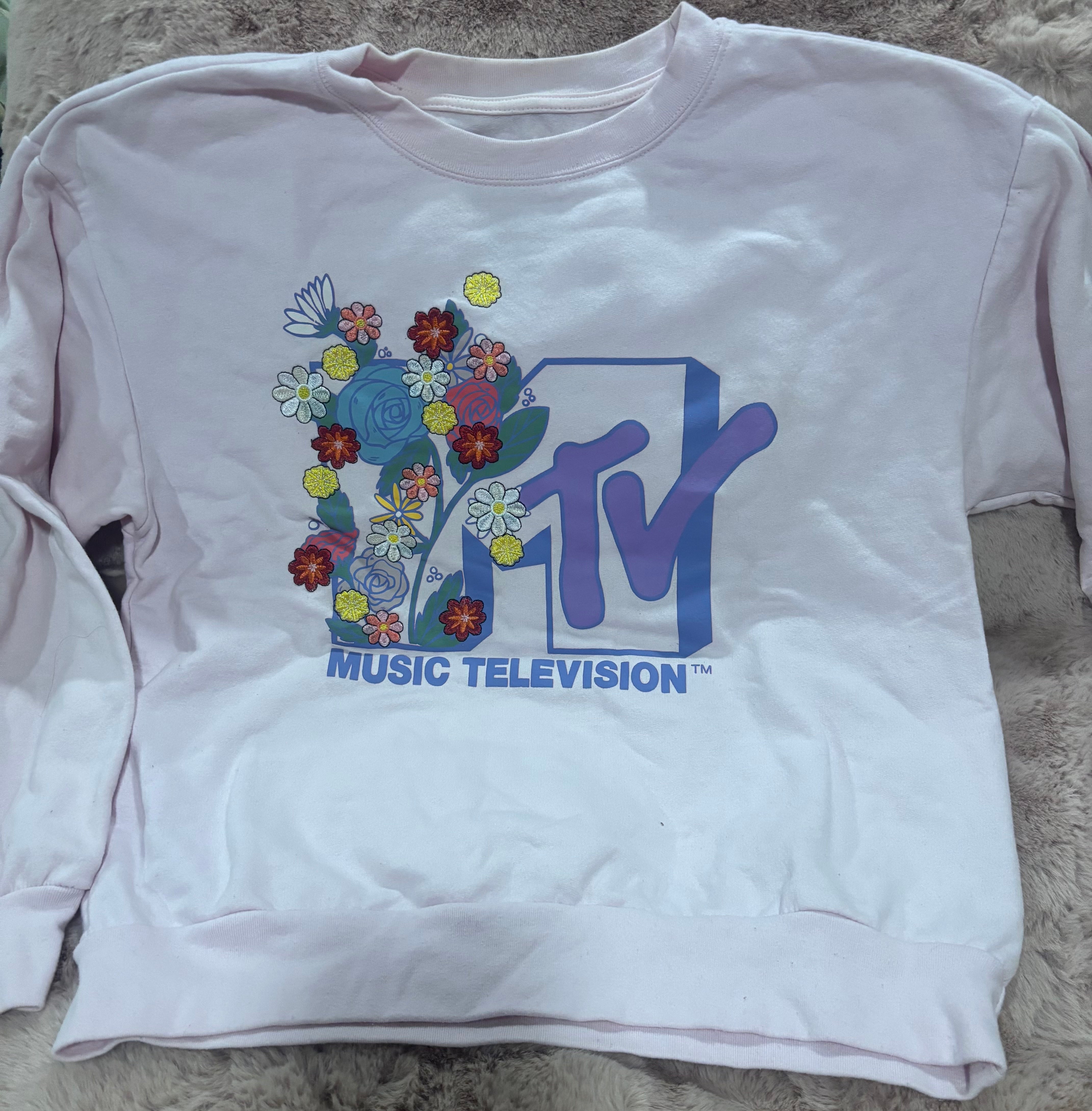 MTV Music Television Pink Embroidered Floral Sweatshirt | Women’s Size M