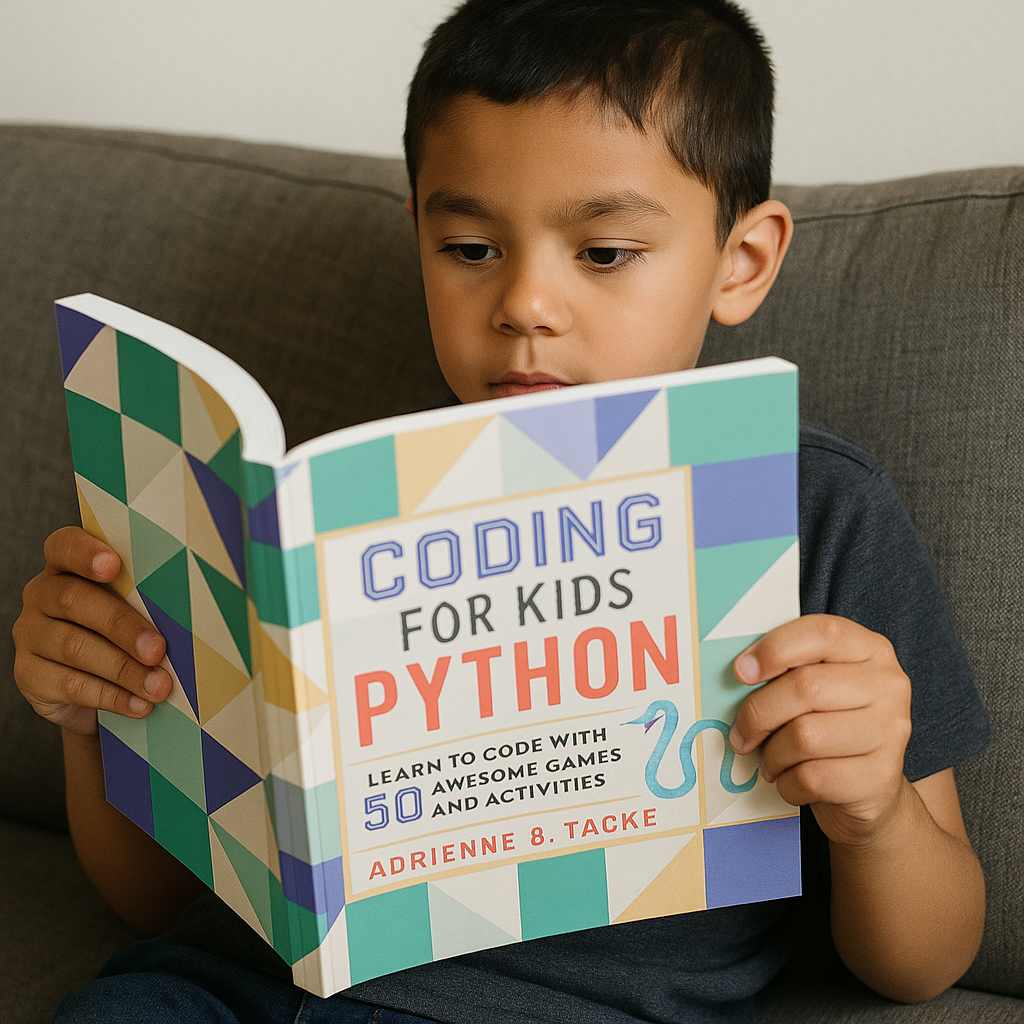Child reading a book titled 'Coding for Kids Python' on a couch.