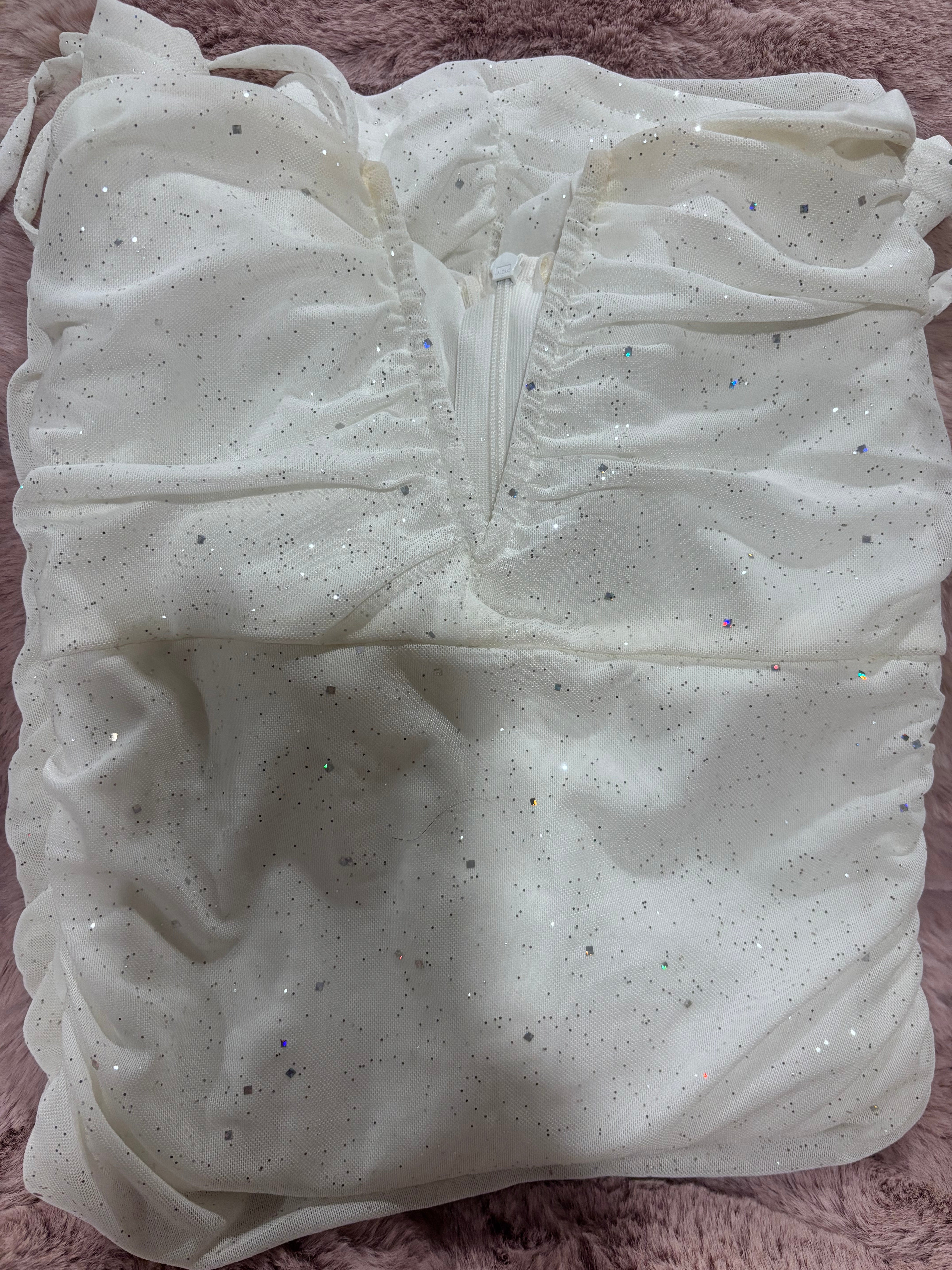 Sparkly White Ruched Bodycon Dress – XS
