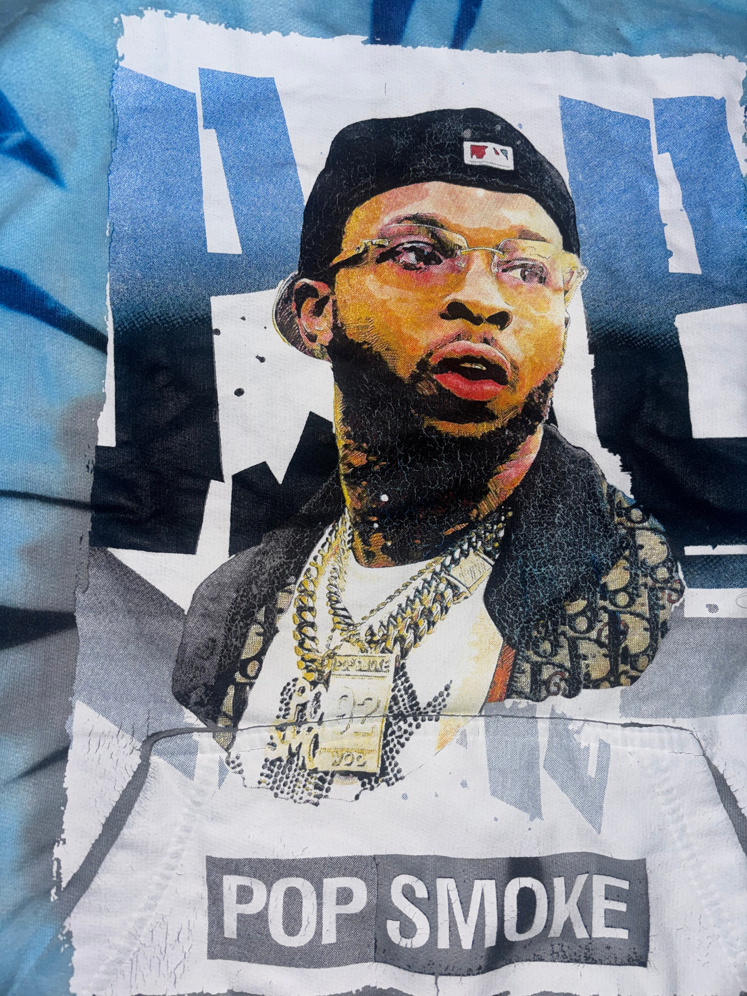Blue Gray Tie Dye Graphic Hoodie Streetwear Pullover Size Small