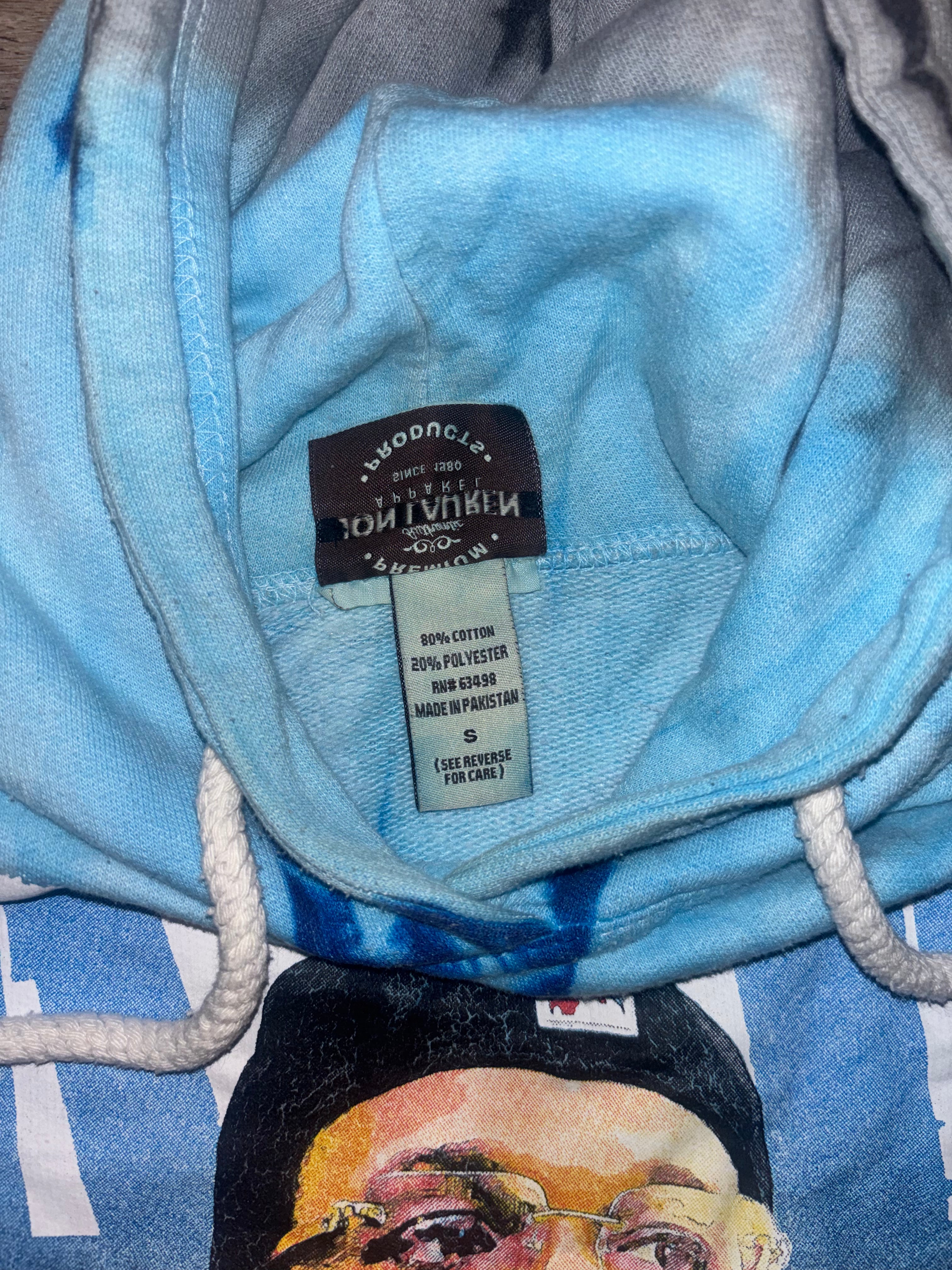 Blue Gray Tie Dye Graphic Hoodie Streetwear Pullover Size Small