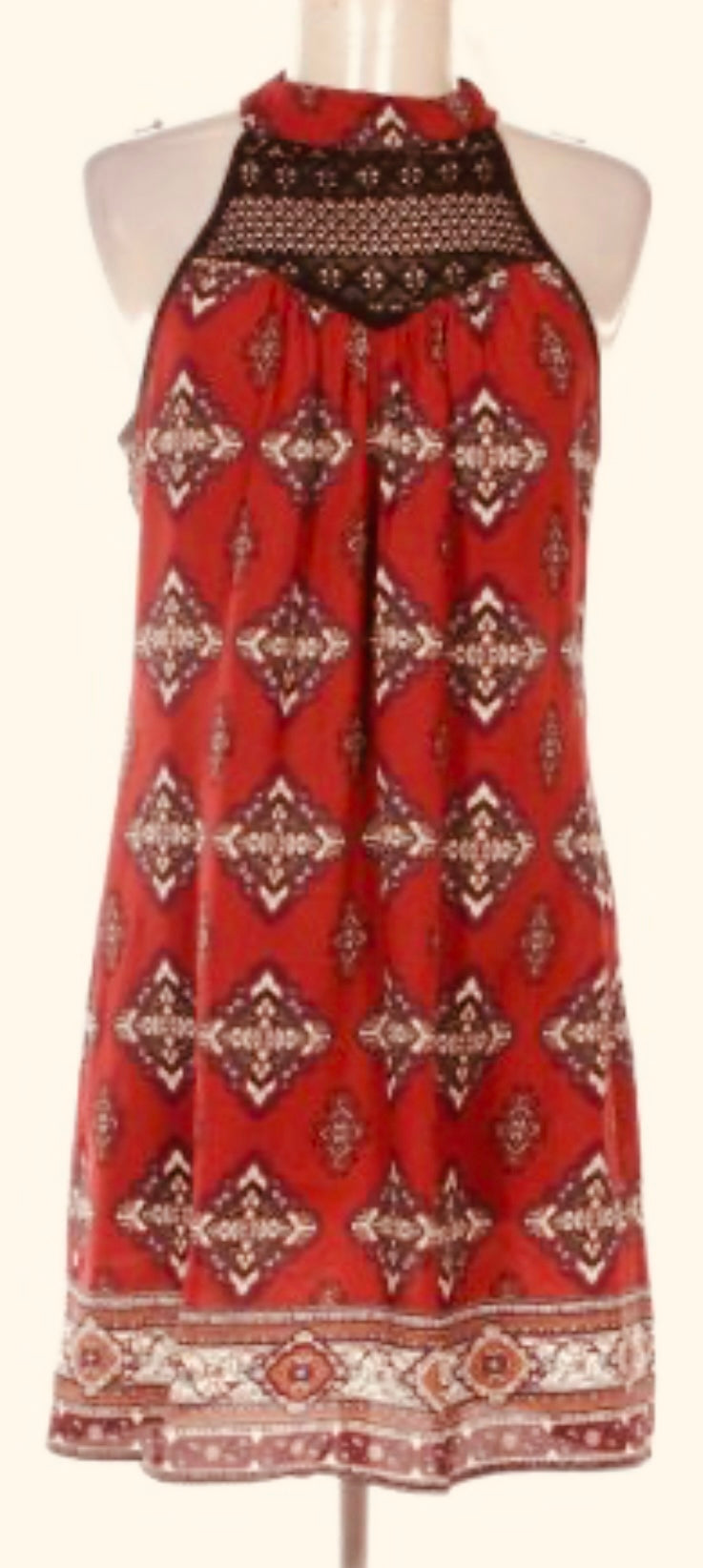 Exhilaration Boho Midi Dress – Burgundy  Print with Crochet Detail