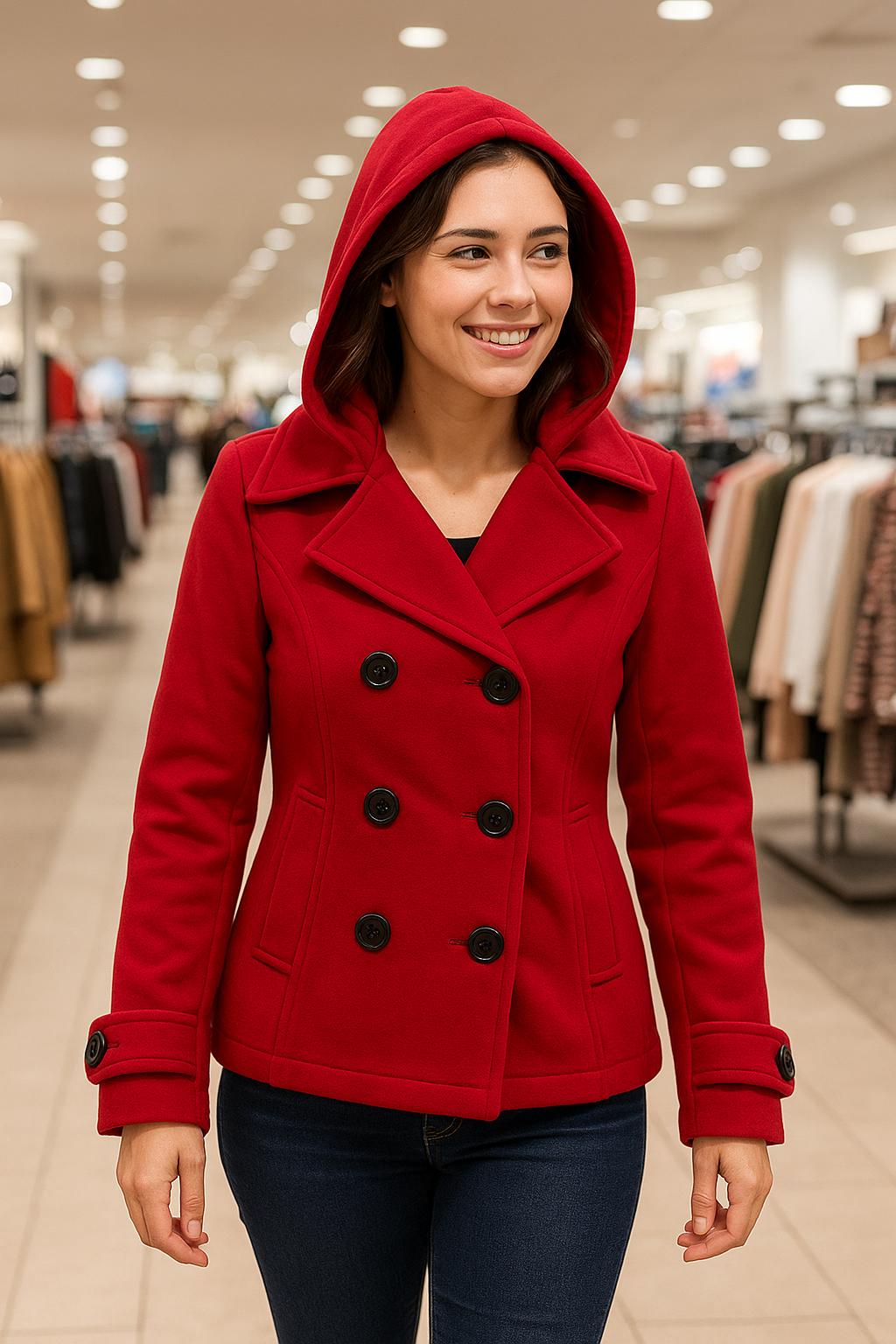 Sebby Collection Women’s Red Hooded Peacoat – Size Medium