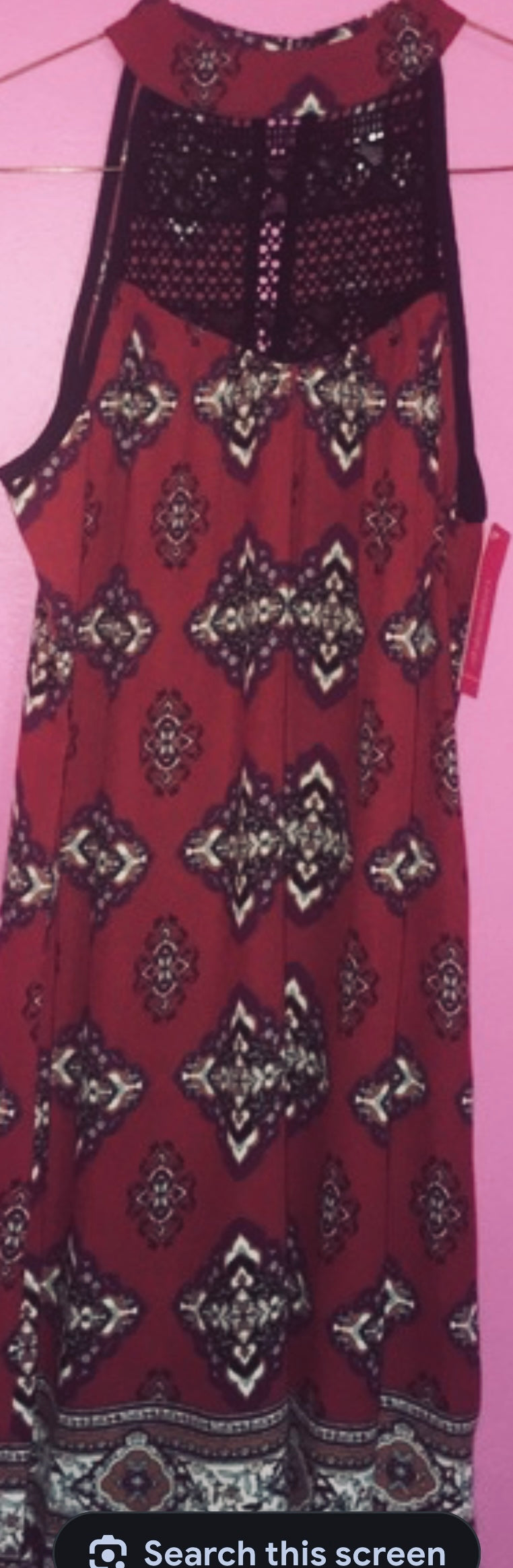 Exhilaration Boho Midi Dress – Burgundy  Print with Crochet Detail