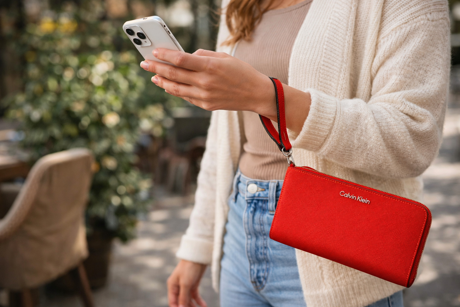 Calvin Klein Red Saffiano Leather Zip-Around Wristlet Wallet | New Without Tags