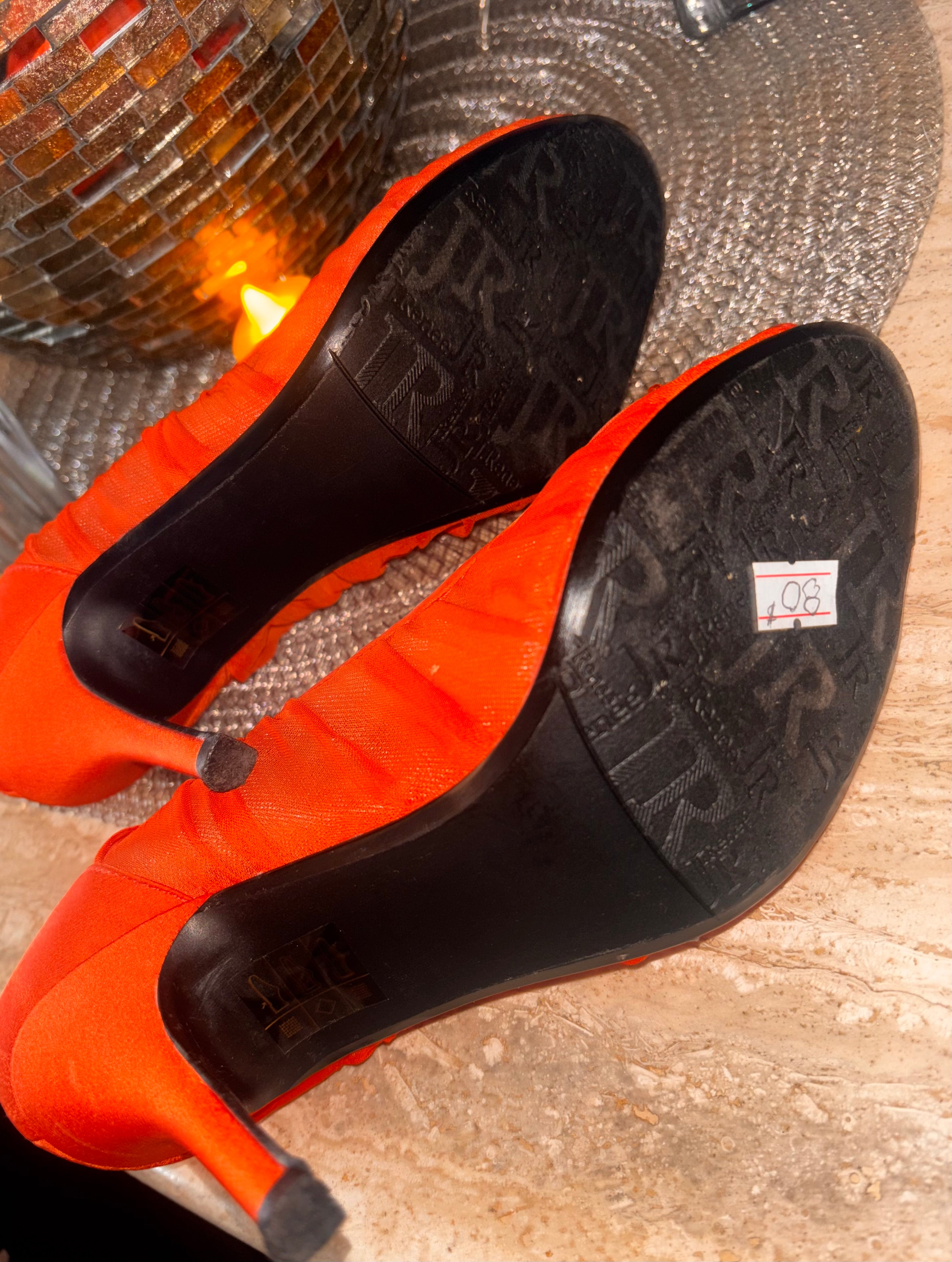 Renée Orange Peep-Toe Heels with Rosette Bow – Size 7.5 Wide