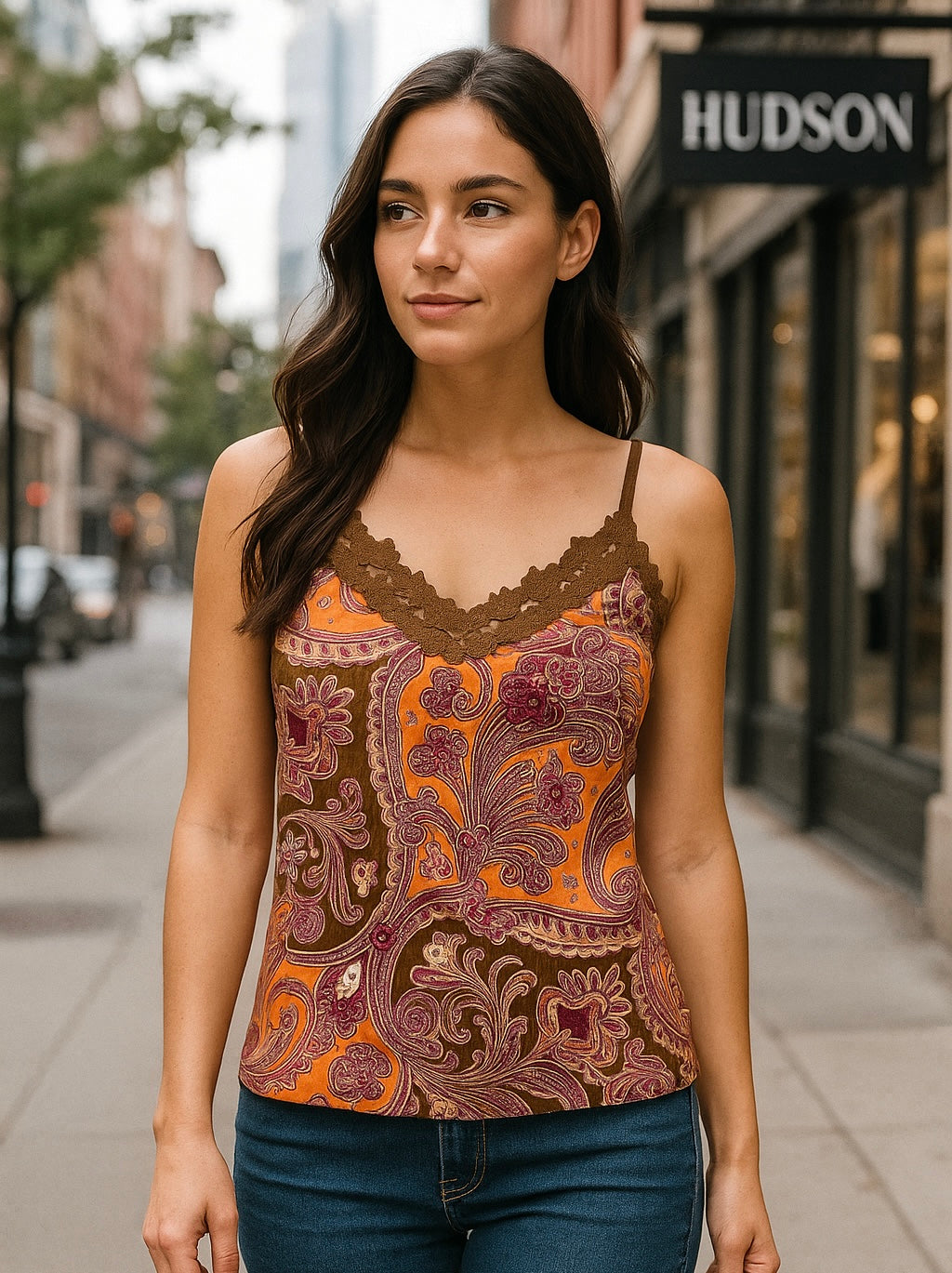 Rampage Paisley Lace-Trim Camisole – Orange / Pink / Brown – Size Medium