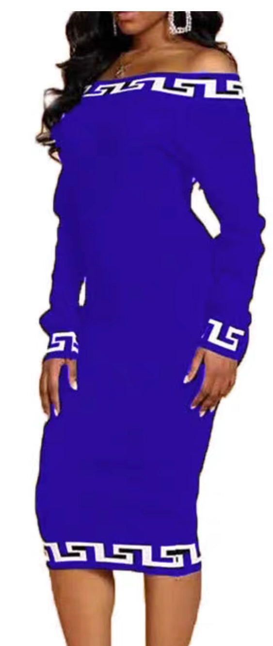 Royal Blue Greek Key Off-Shoulder Cotton-Blend Midi Dress — Size Medium