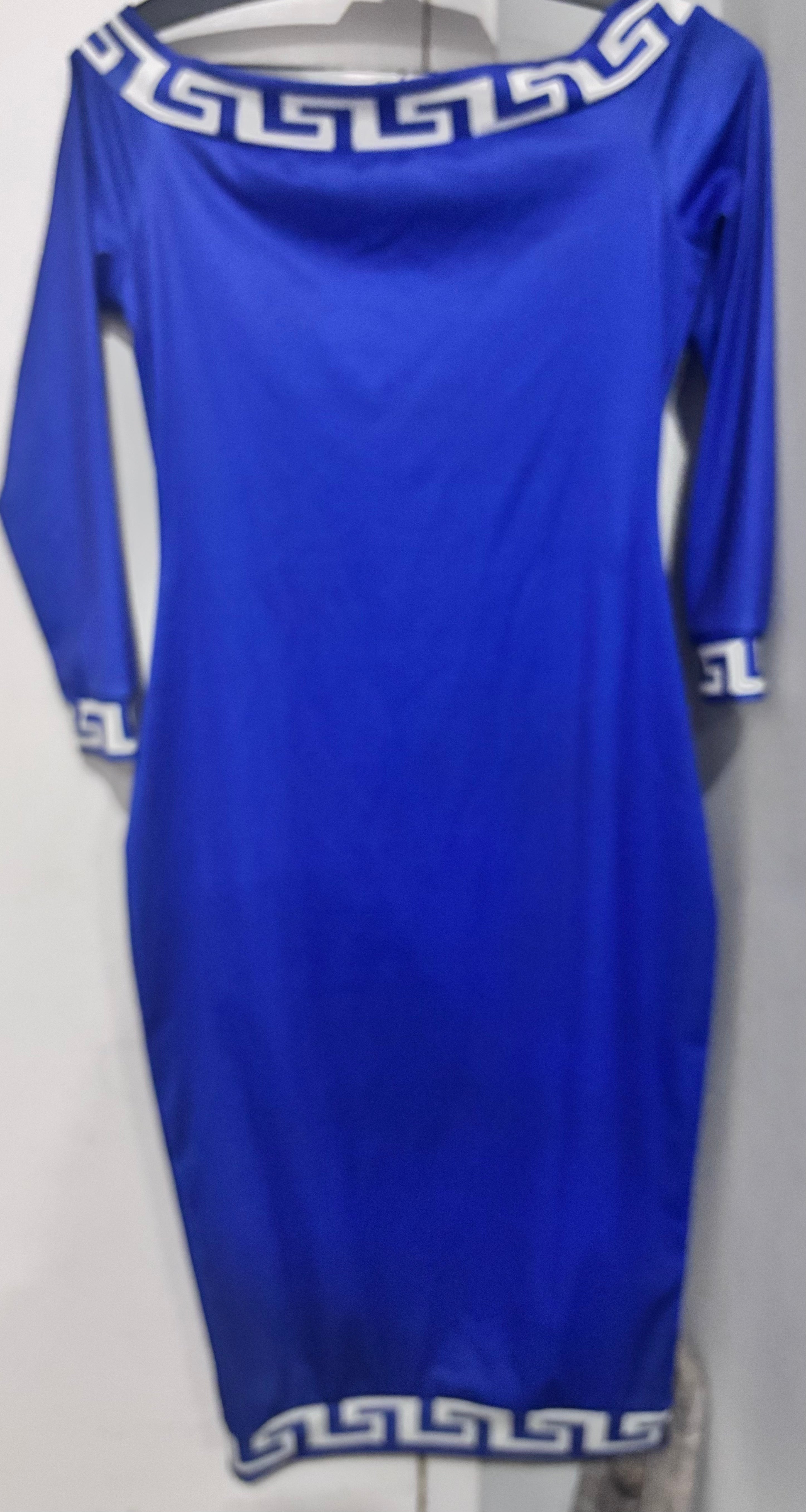 Royal Blue Greek Key Off-Shoulder Cotton-Blend Midi Dress — Size Medium