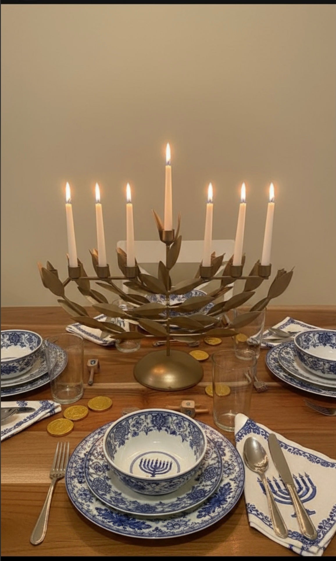 Gold Metal Leaf Hanukkah Menorah – Modern Holiday Centerpiece