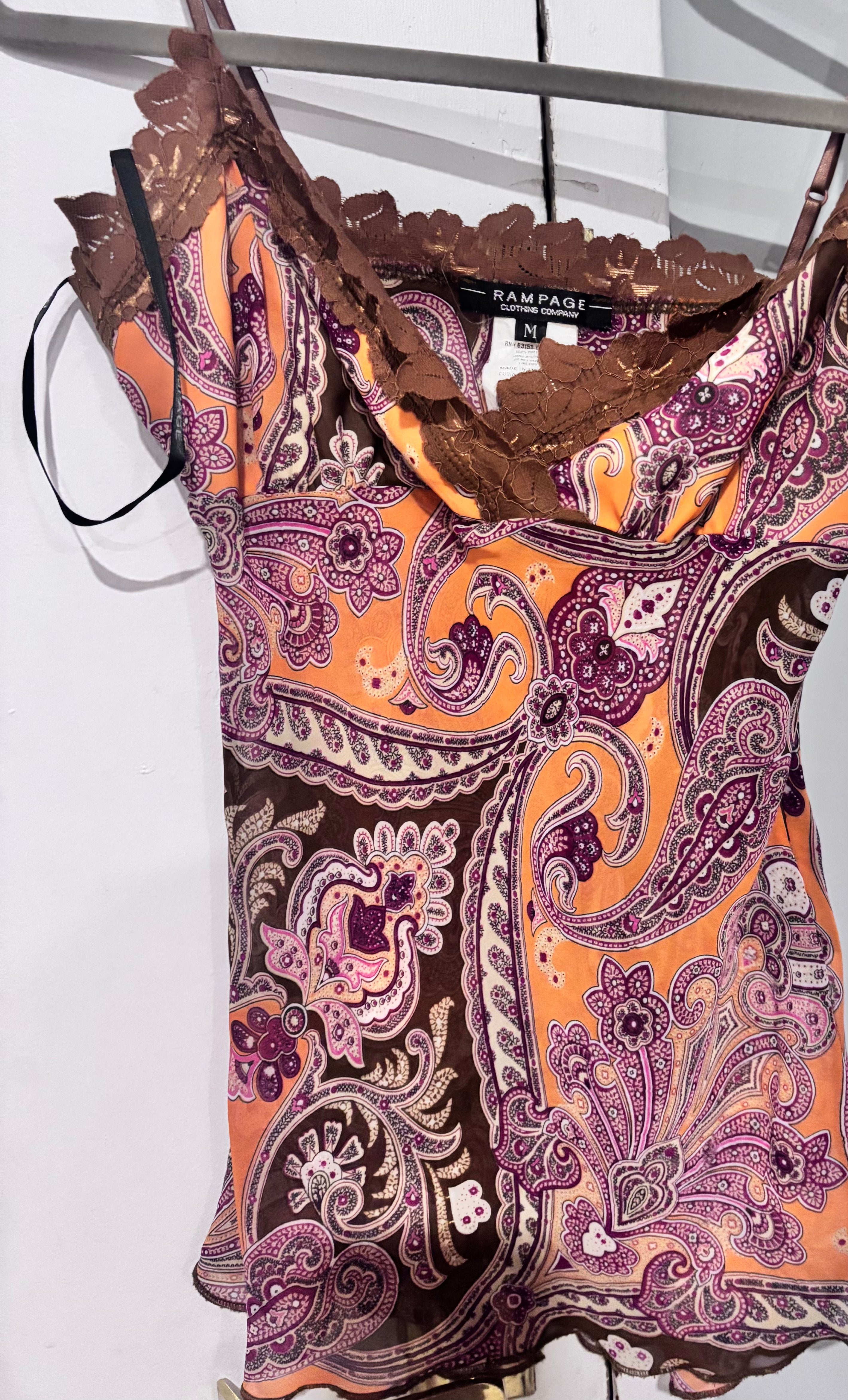 Rampage Paisley Lace-Trim Camisole – Orange / Pink / Brown – Size Medium