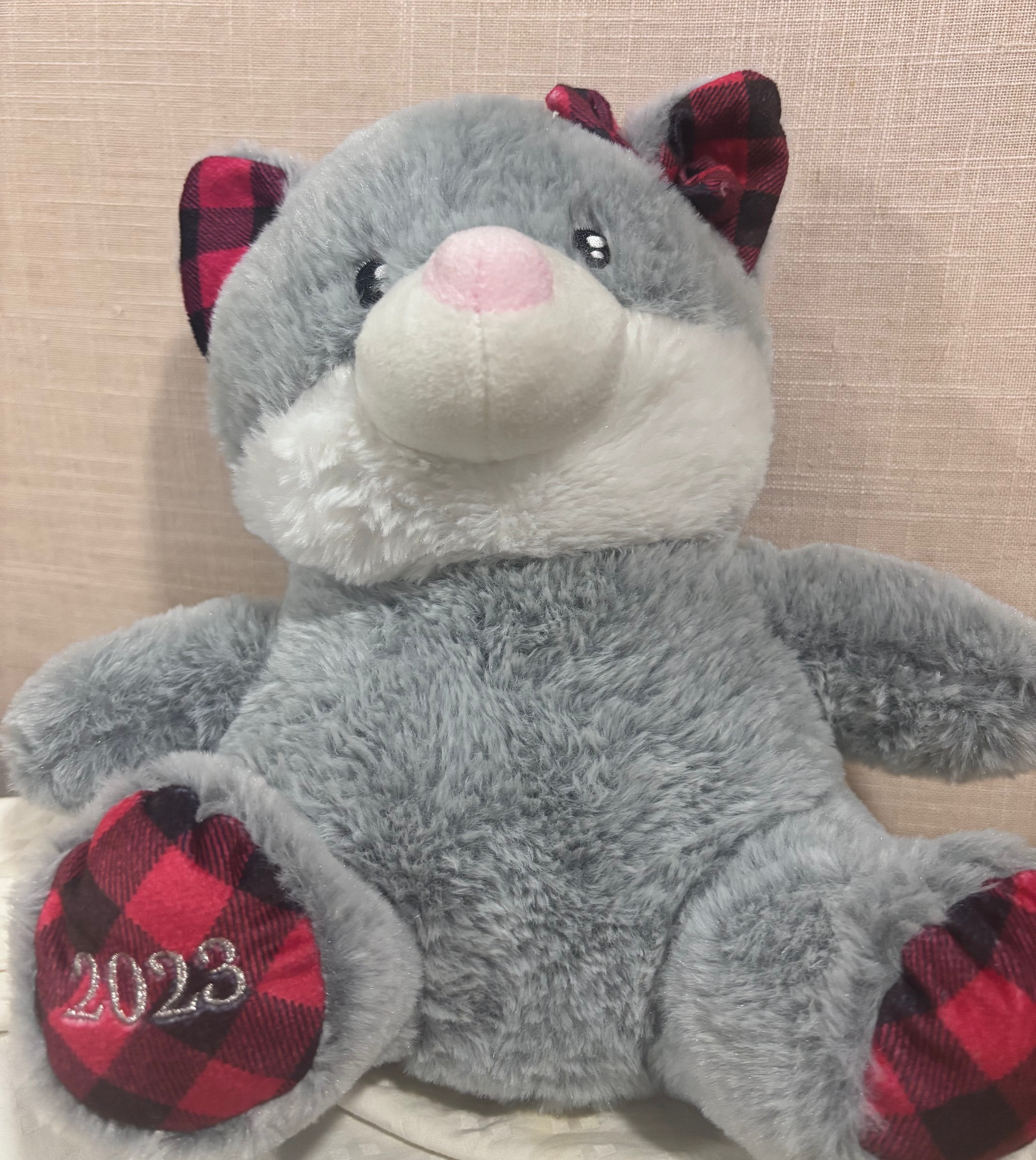 Gray Plush Cat Stuffed Animal 2023 – Red Buffalo Plaid Ears & Bow – Holiday Collection